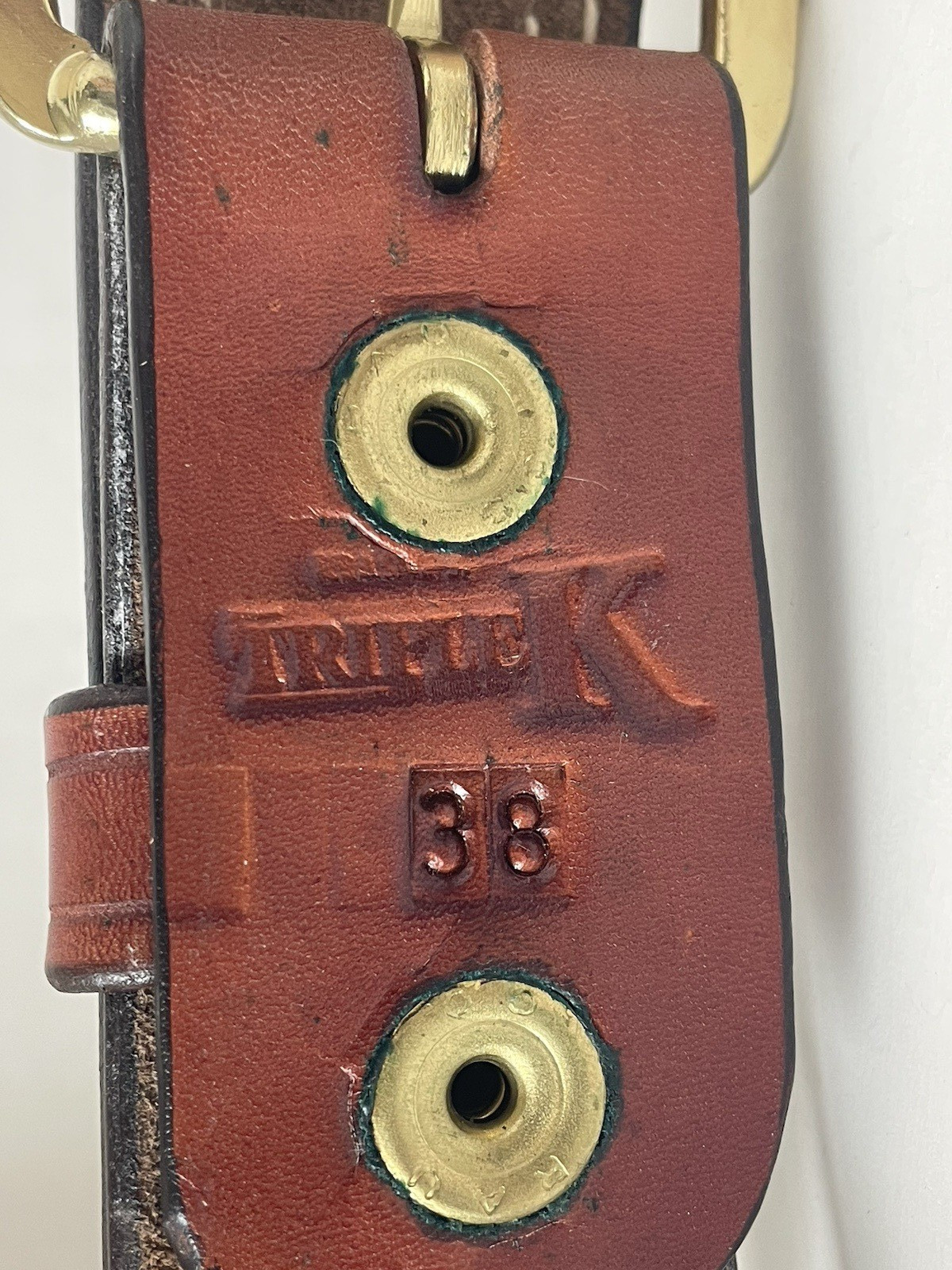 Triple K Leather Stitched Belt Size 38 Brown Brass Colored Buckle With Loop USA
