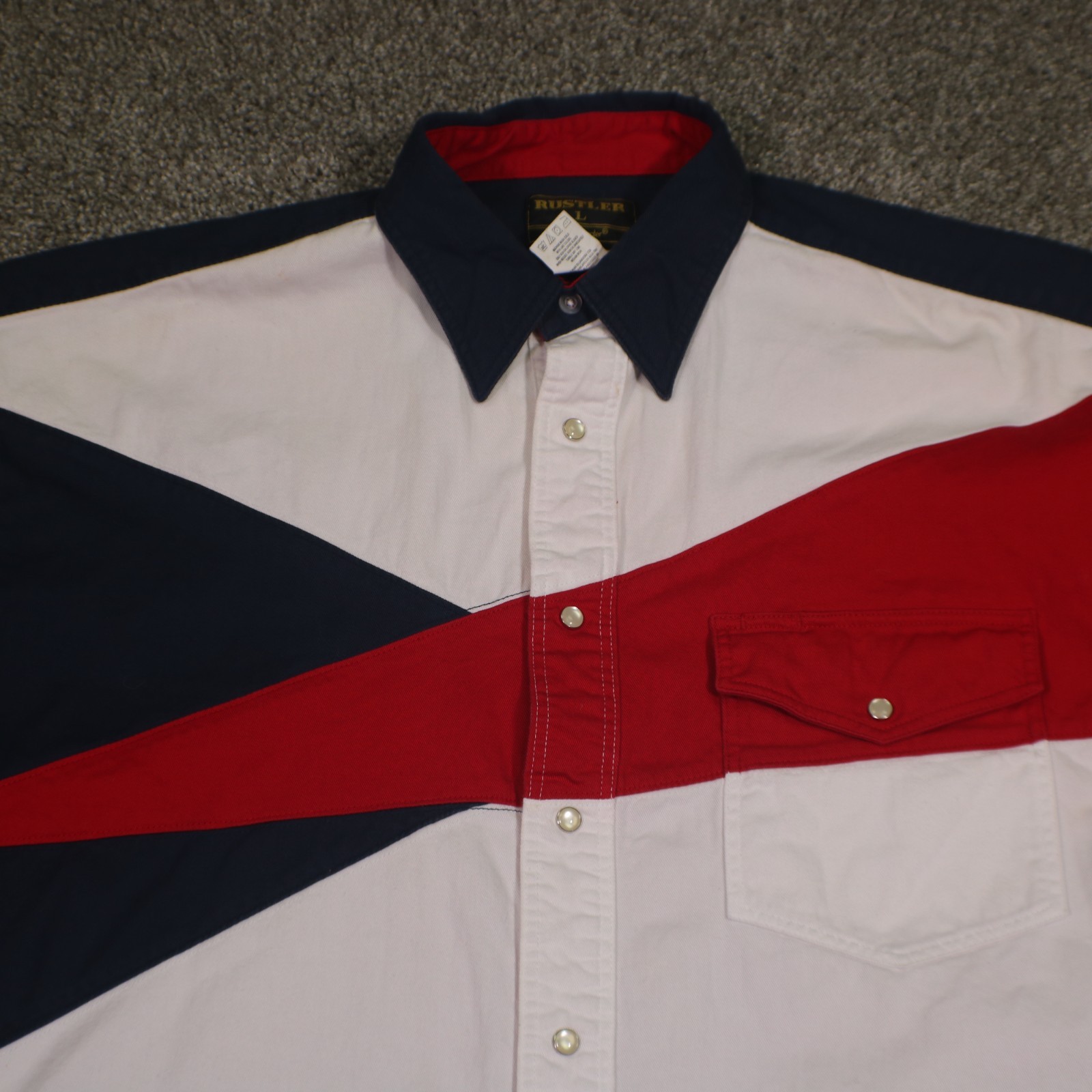 Vintage Rustler by Wrangler Western Shirt Mens Large Red White Blue Cowboy Rodeo