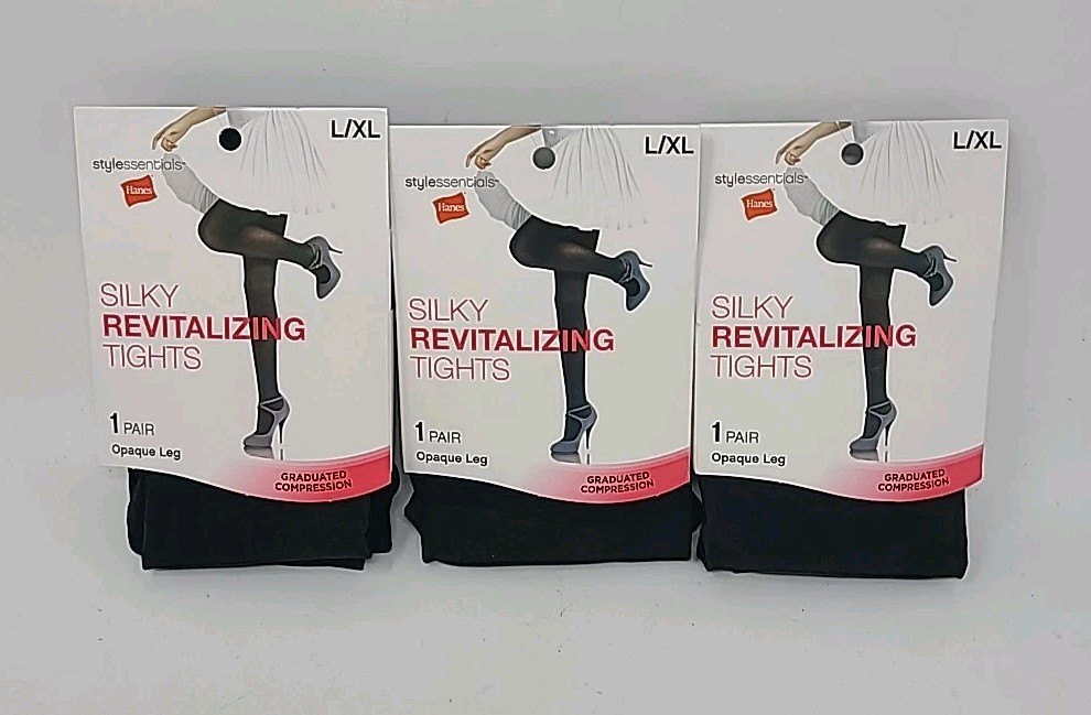 Hanes Silky Revitalizing Tights Opaque Leg L/XL Black Graduated Compression x3