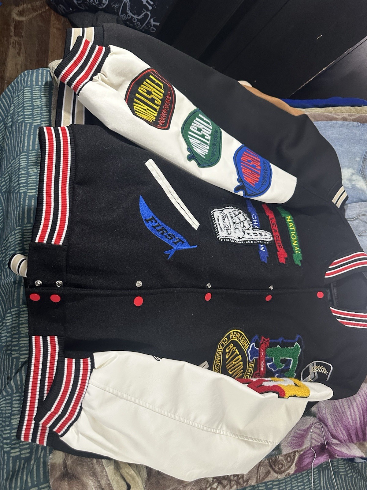 Men’s Black/White Varsity Jacket Snap Button Front Embroidered Patches