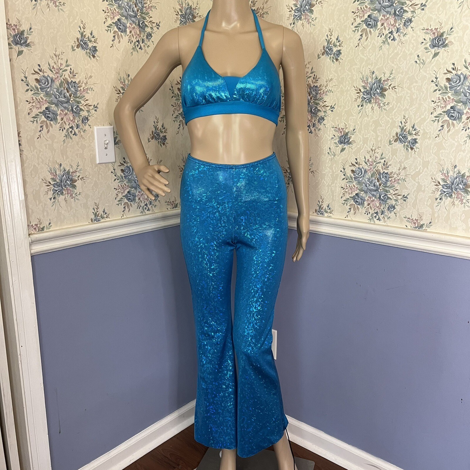 Fin Fun Blue Mermaid Iridescent Halter Bikini Top, Size XS