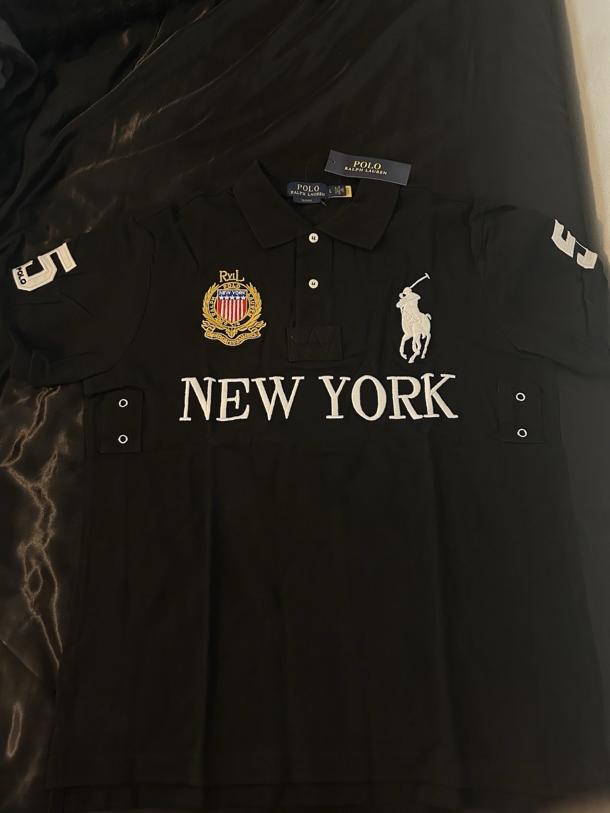 Polo Ralph Lauren Slim Fit Black New York Logo Big Pony No. 5 Polo Shirt L