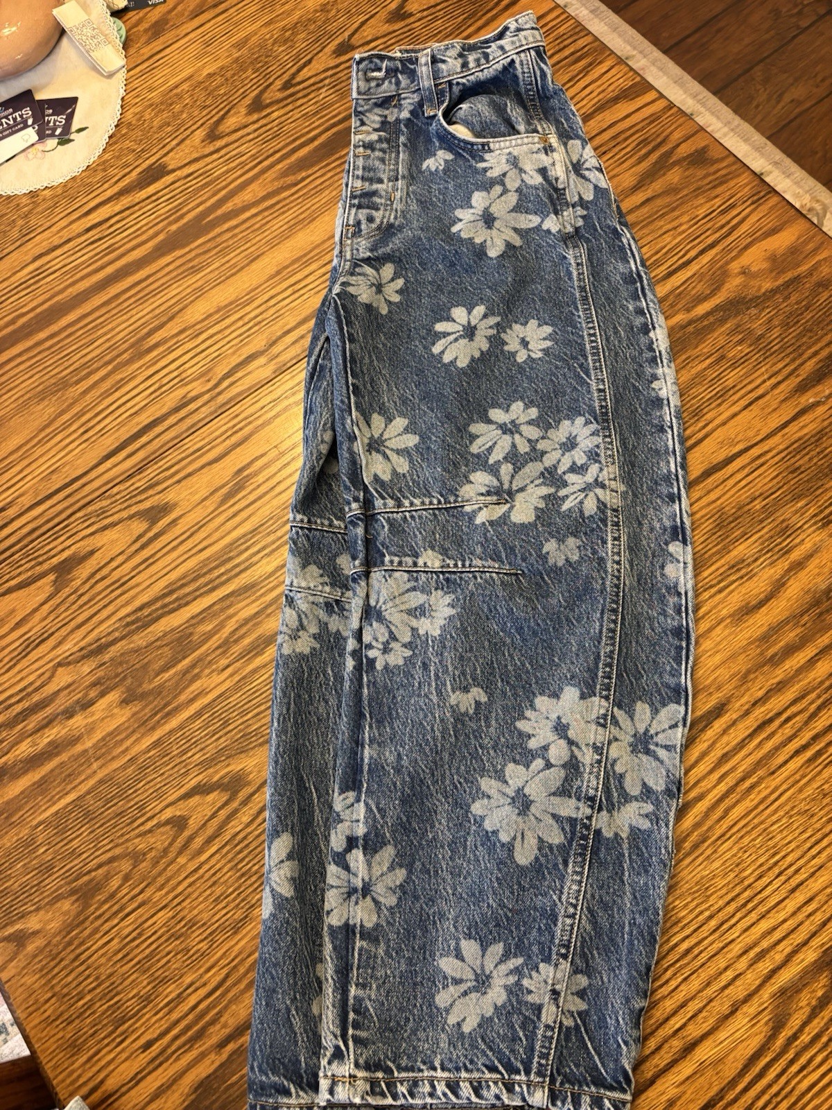 We The Free Women’s Barrel Blue Floral Denim Jeans 5-Pocket Button Size 24