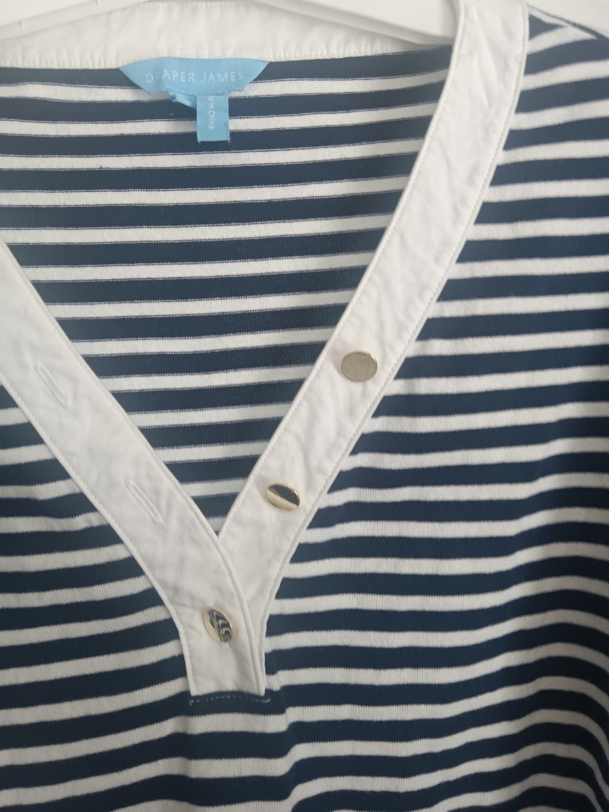 Draper James Navy White Striped V-Neck Button Short Sleeve Cotton T-Shirt Size L