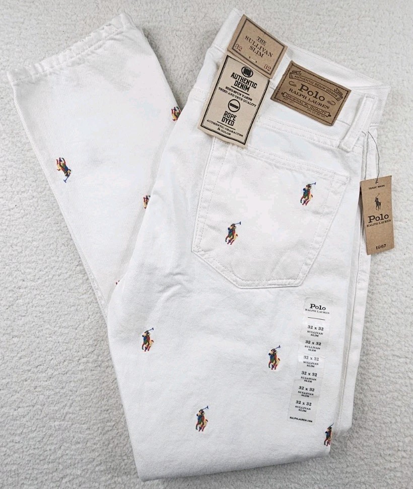 Polo Ralph Lauren Mens 32×32 The Sullivan Slim White All Over Pony Logo Jeans