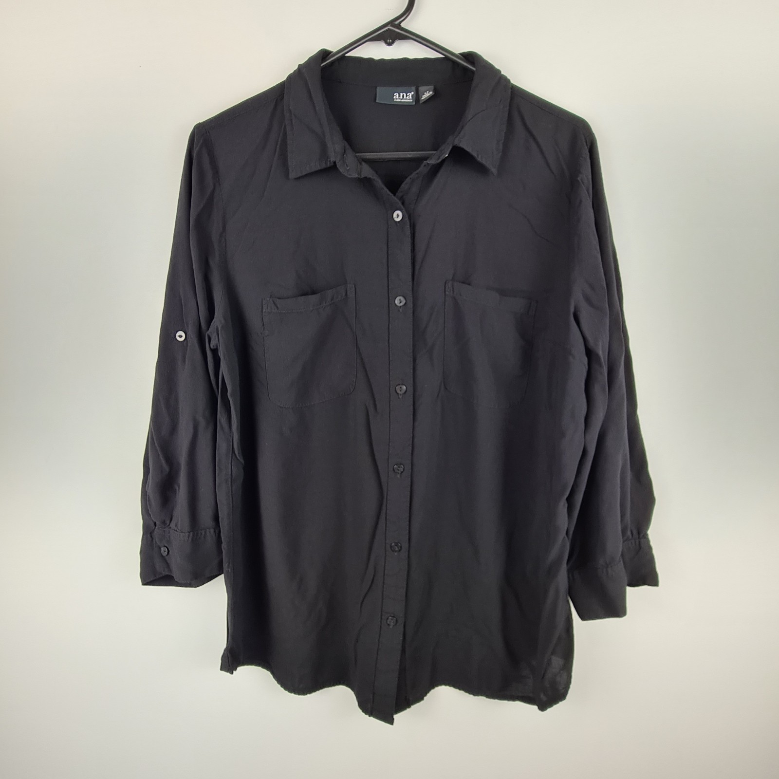 a.n.a. Women’s Black Button Up Collared Shirt 100% Rayon Lightweight Size L Tall