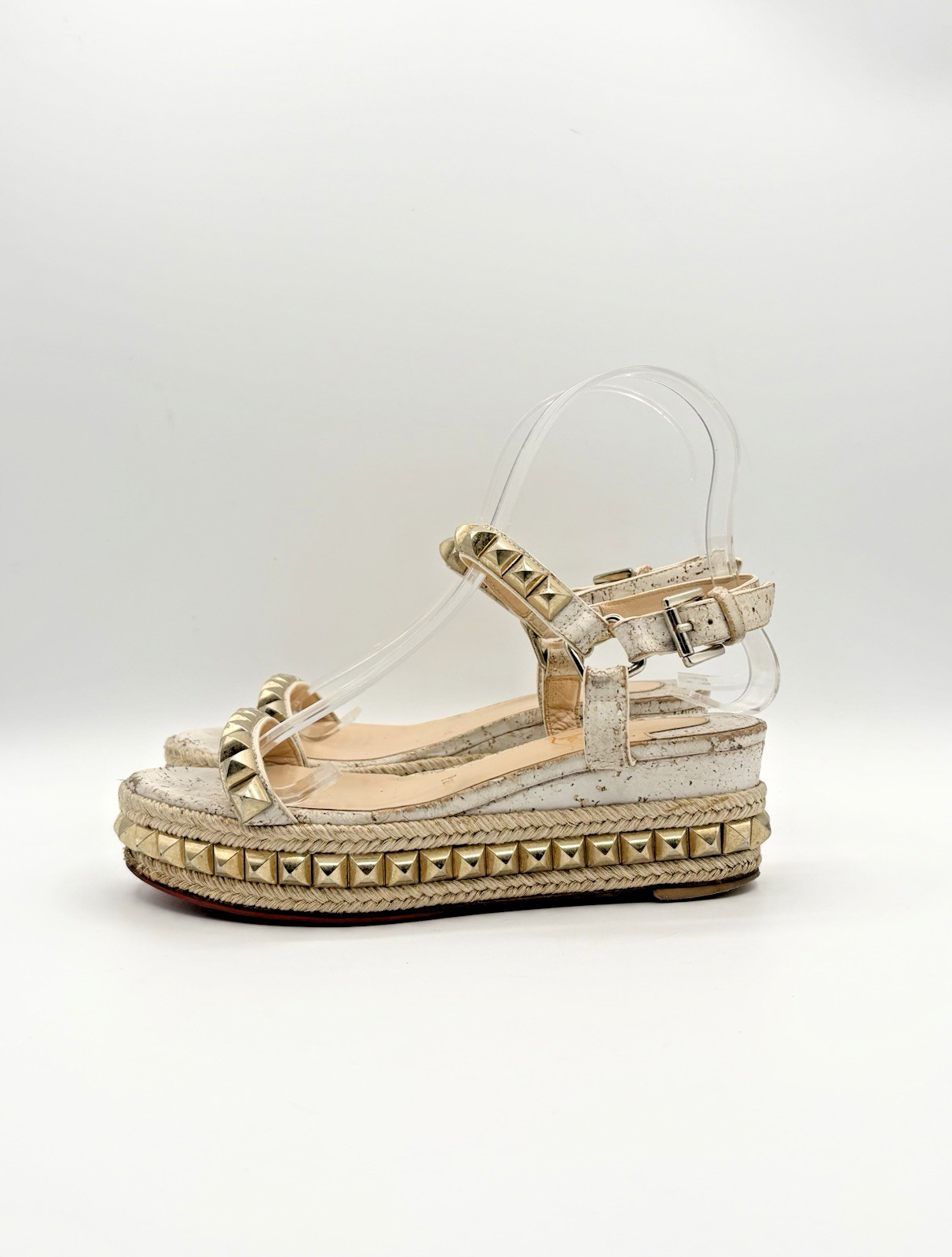 Christian Louboutin Cataclou 60 Cork White & Gold Platform Sandals Sz EU 34