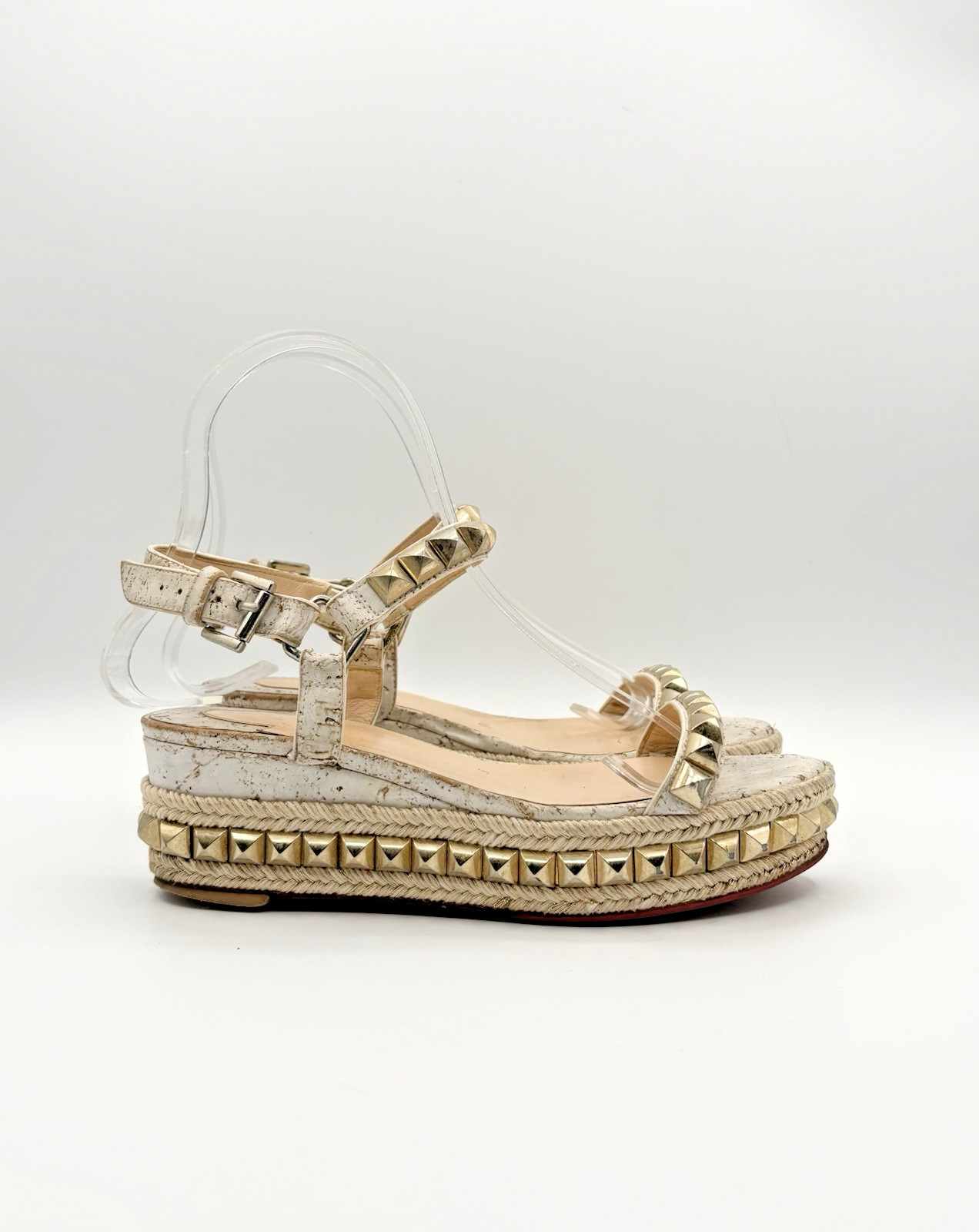 Christian Louboutin Cataclou 60 Cork White & Gold Platform Sandals Sz EU 34