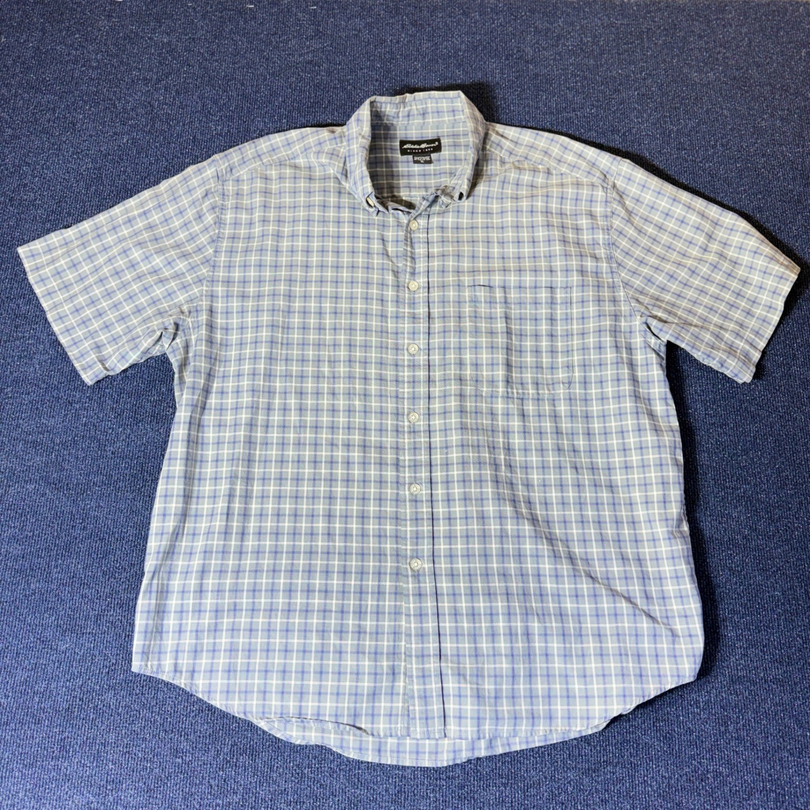 Eddie Bauer Mens XL Short Sleeve Button Down Shirt Blue White Plaid Check Pocket