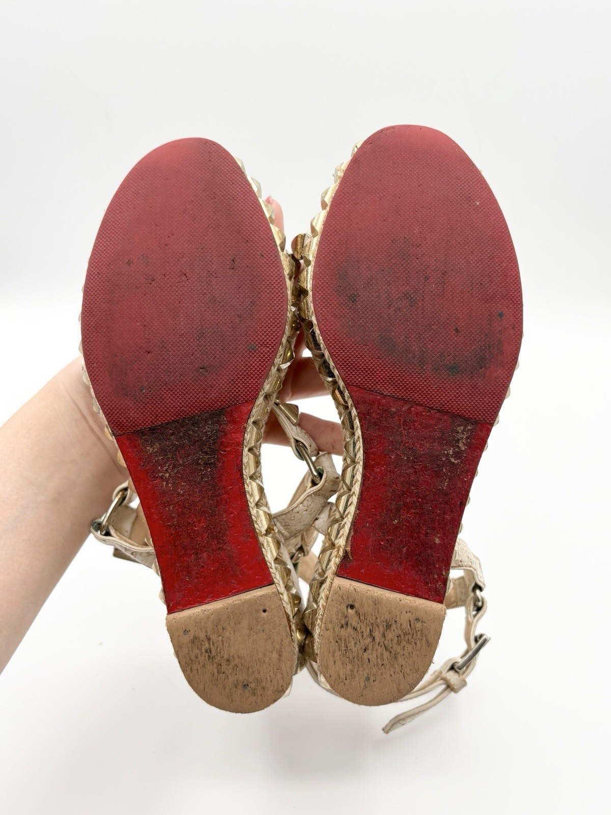 Christian Louboutin Cataclou 60 Cork White & Gold Platform Sandals Sz EU 34