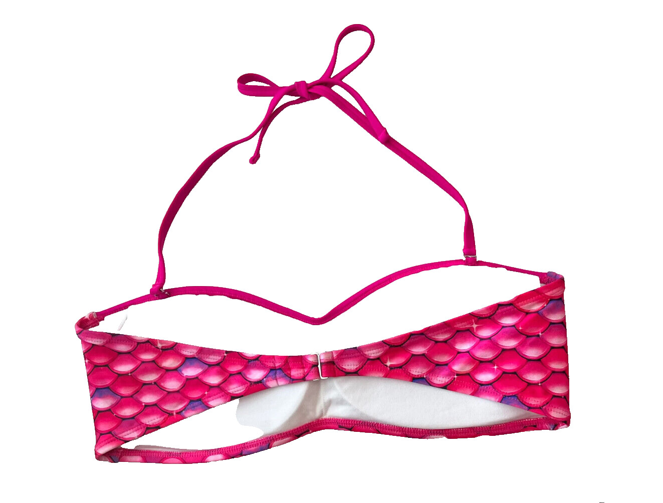 FIN FUN Women’s Mermaid Scale-Print Bandeau Bikini Ruffled Halter Top Pink, L