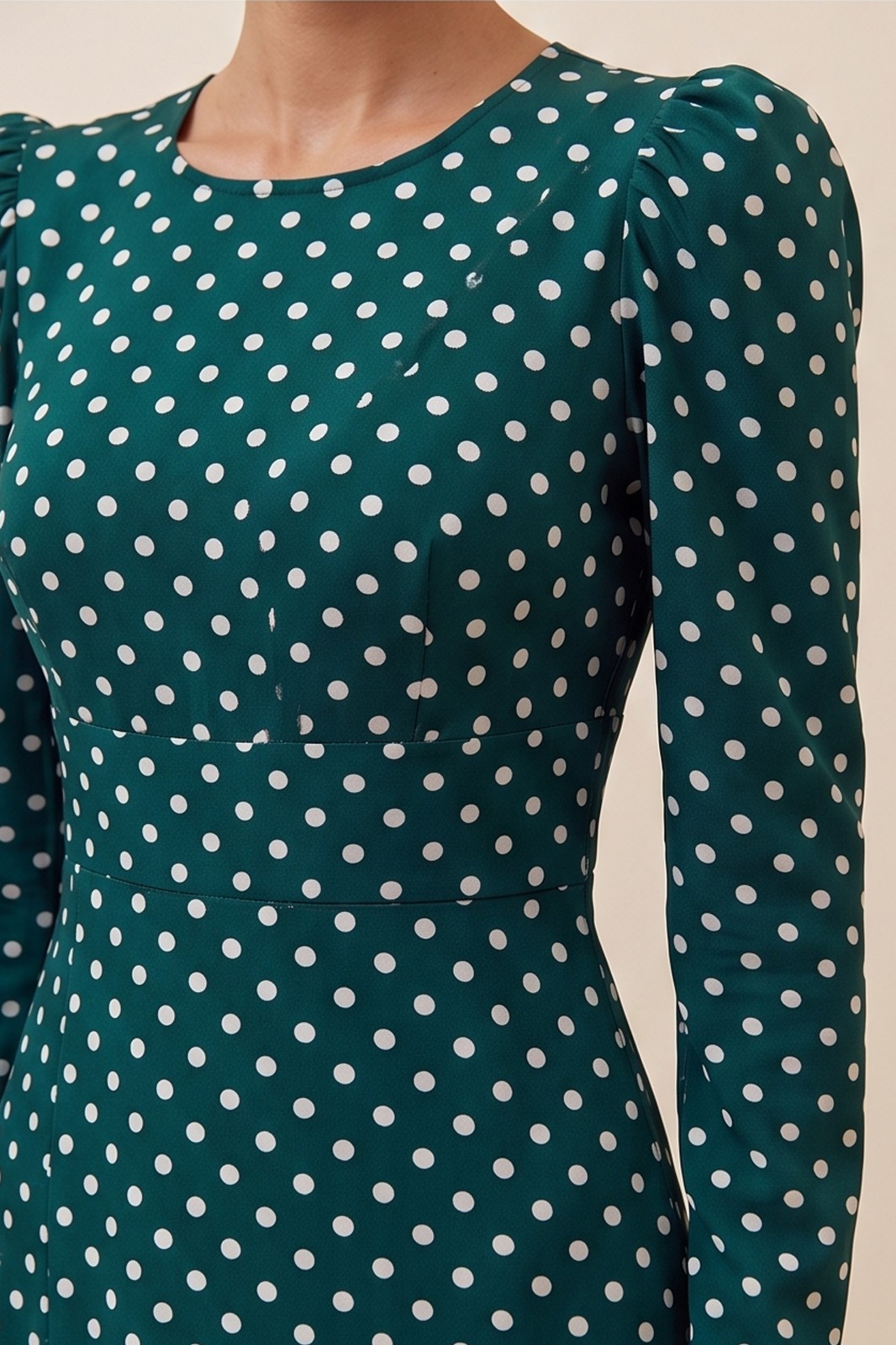 Green Emerald Polka Dot Midi Dress by FemeAdor – Size (M) – Made in Ukraine