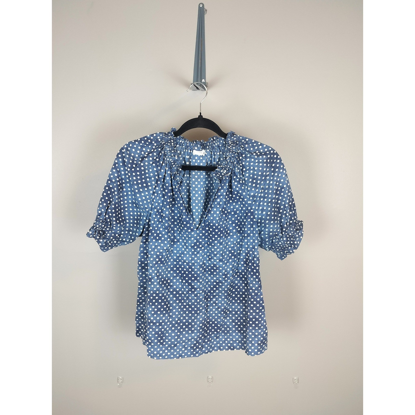 Y2K Gap Cotton Polka Dot Puff Sleeve Blouse Blue Ruffle Split Neck Top