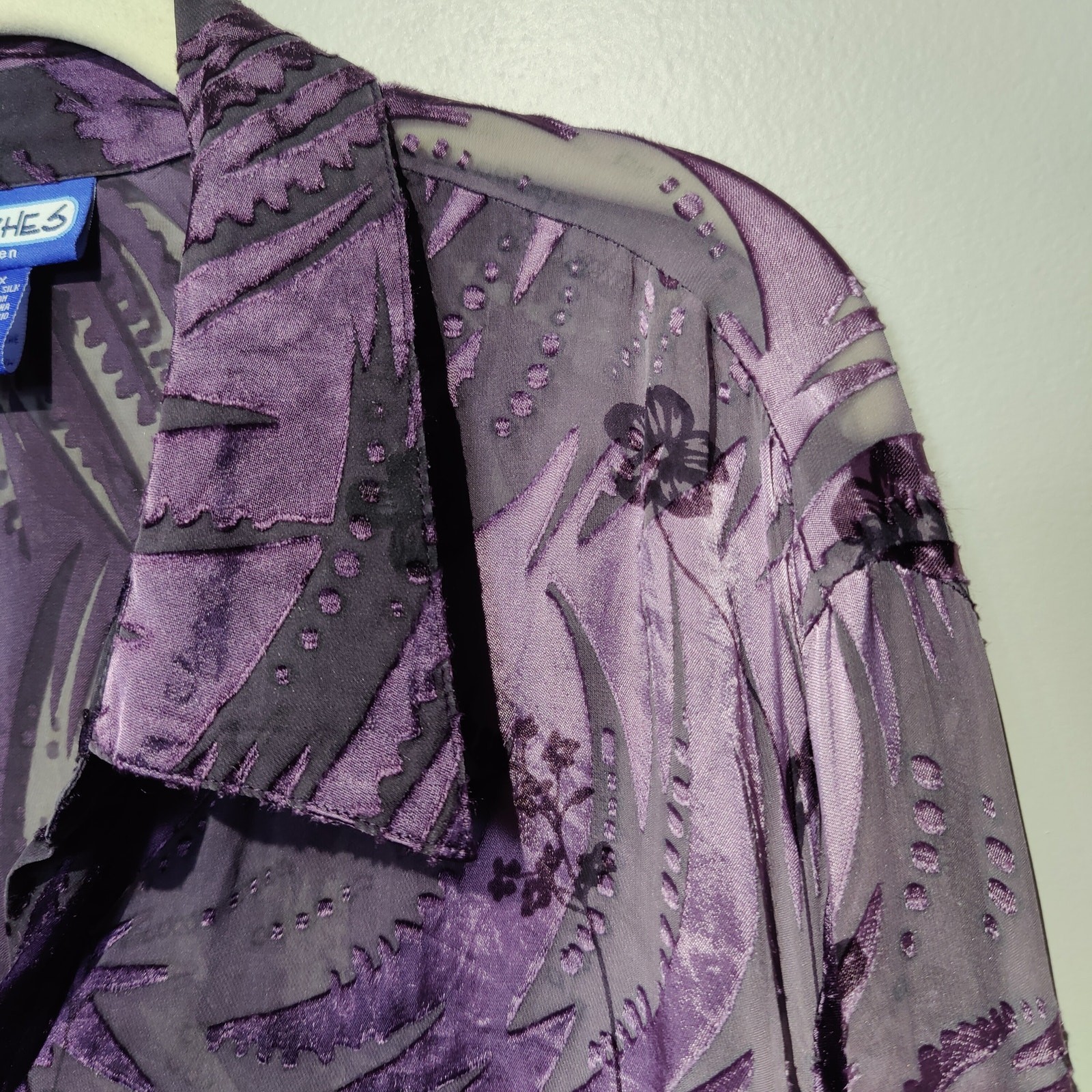 Notches Plus Sz 2X Purple Burnout Velvet Sheer Silk Button Up Shirt Art to Wear
