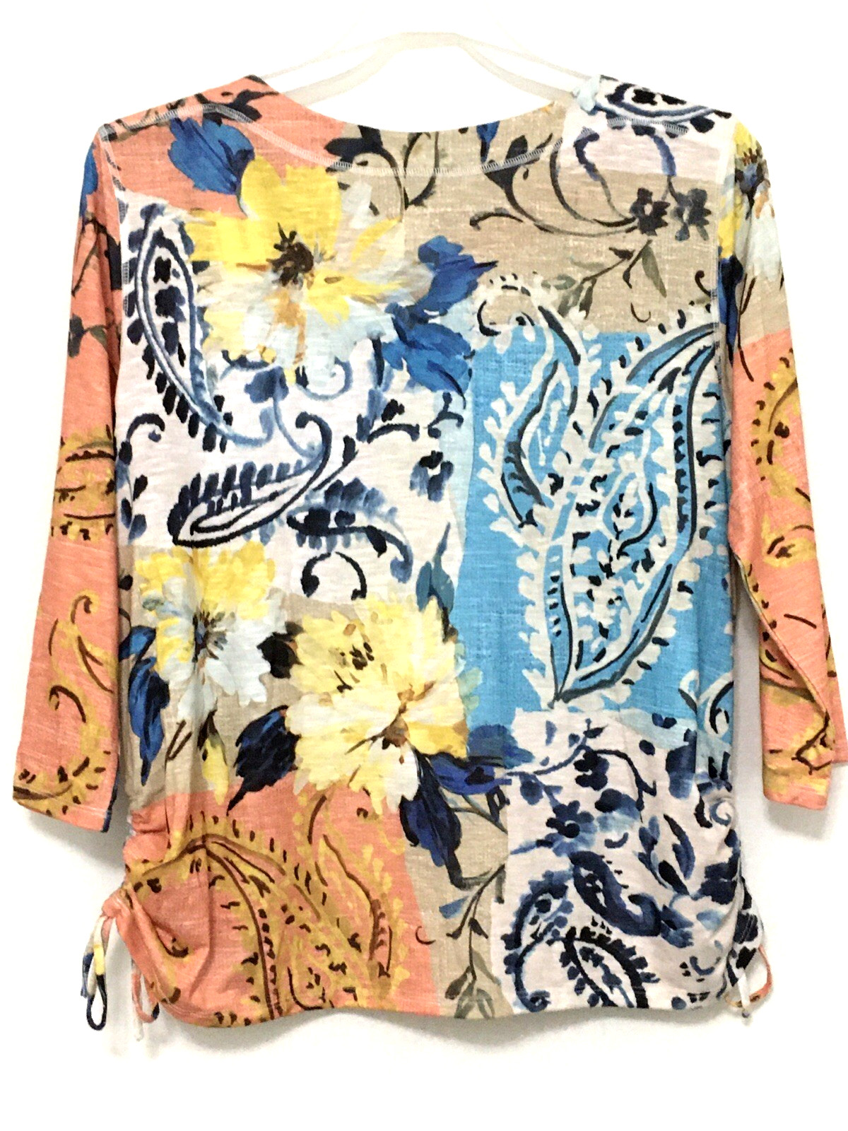 Alfred Dunner L Side Pull Tie Patchwork Print Decorative Neckline 3/4 Sleeve Top