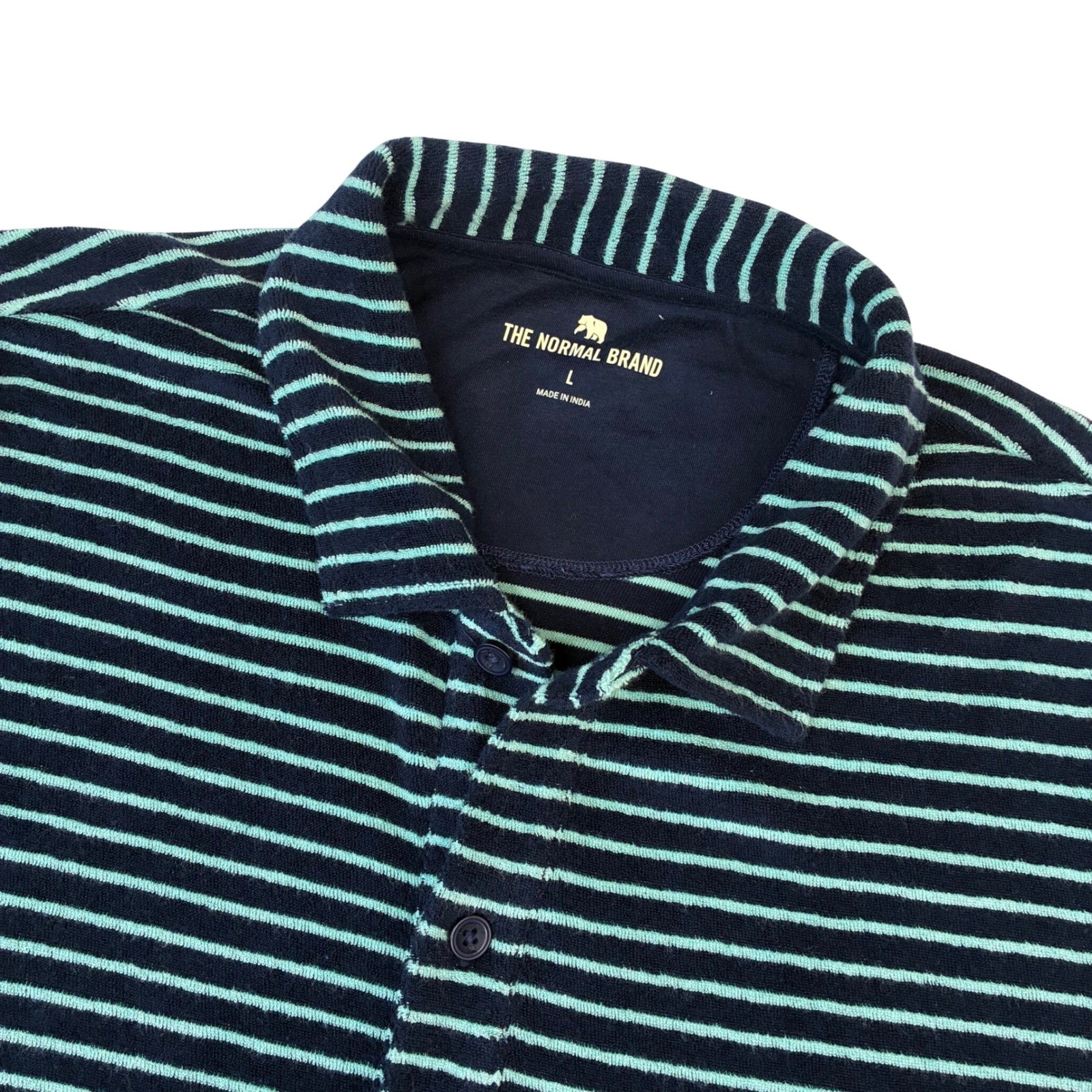 The Normal Brand Button Down Men Large Navy Blue Teal Stripe Terry Cloth Shirt