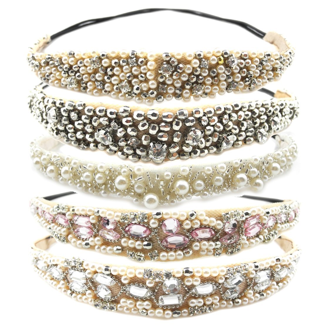 5 Count Beaded Elastic Headbands Handmade Imitation Pearl Hairbands for Women