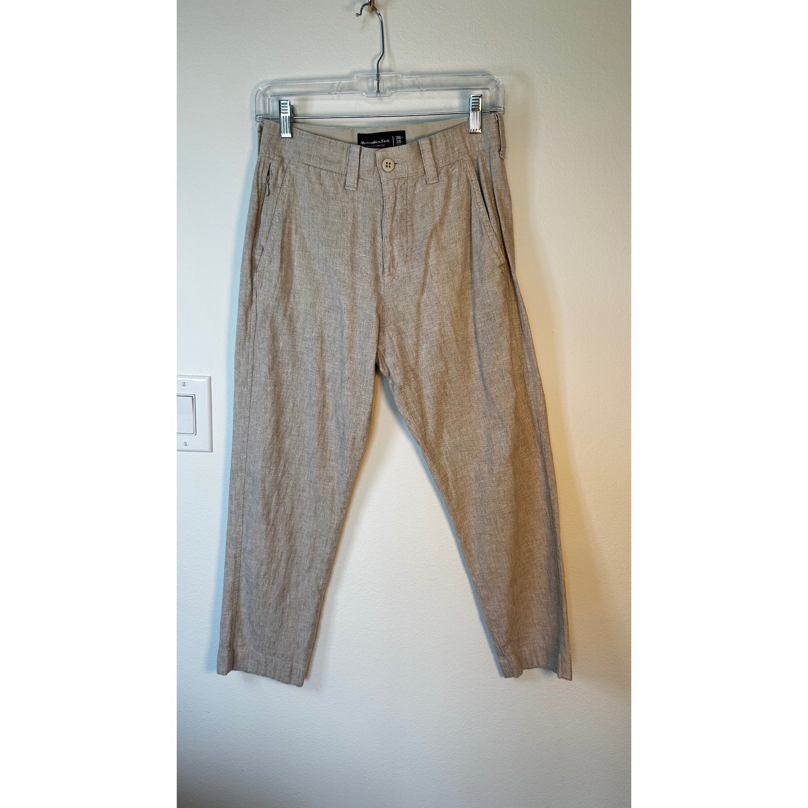Abercrombie & Fitch Straight Stretch Pants Women Beige Linen Cotton Trousers