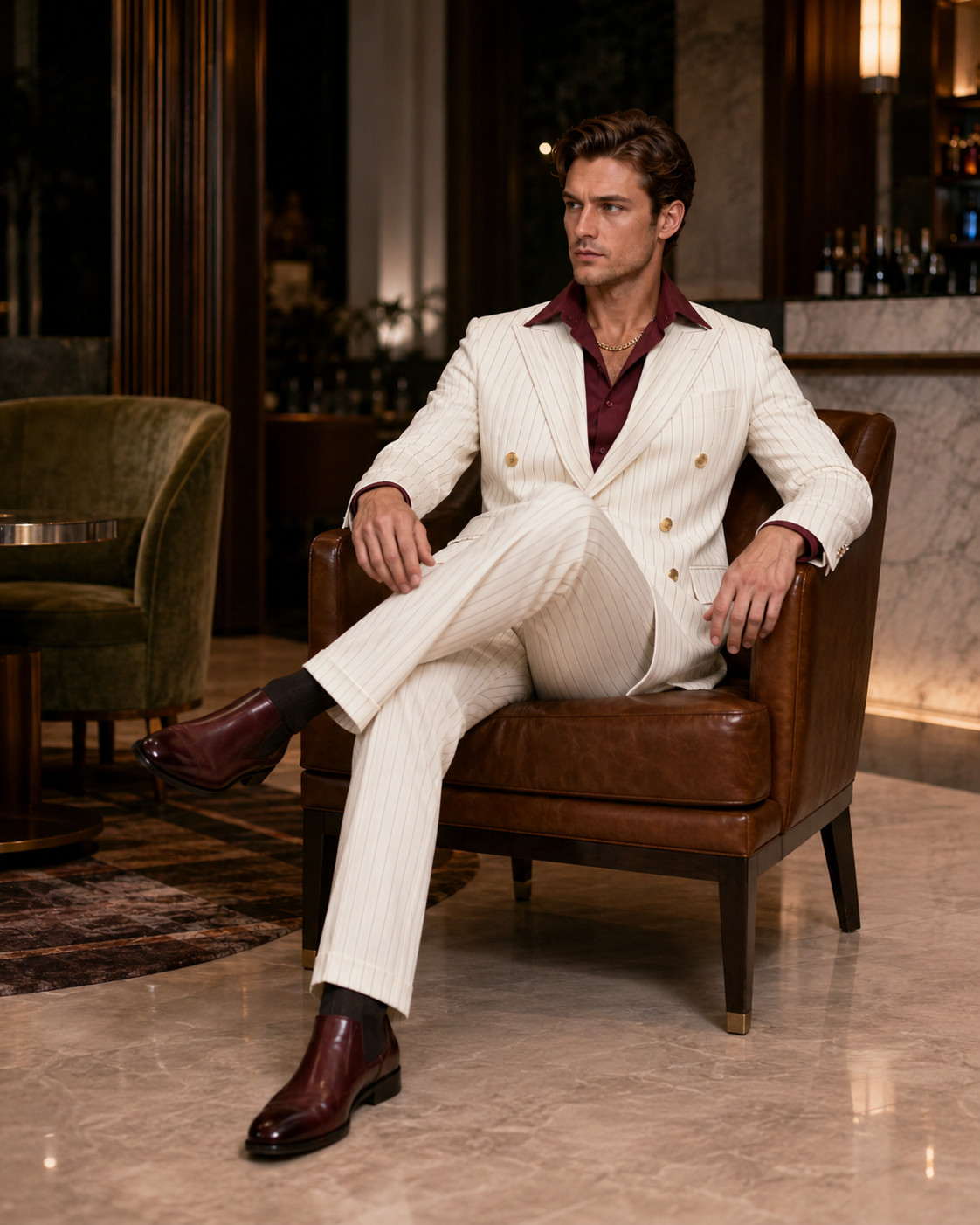 Mens White Pinstripe Double Breasted Suit Flared Pants Wedding Prom Party Wear