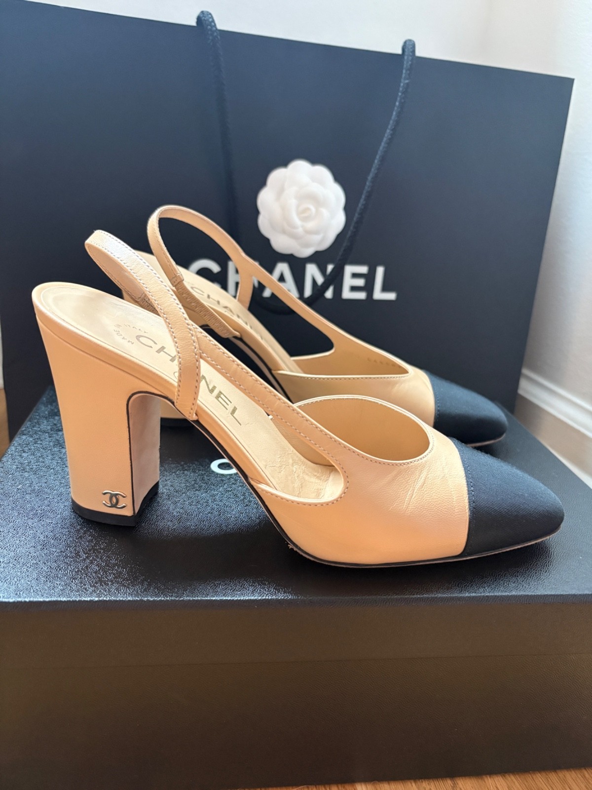 Chanel Slingbacks Goatskin Grosgrain Beige and Black 37.5 (US 7) 3.5 heel