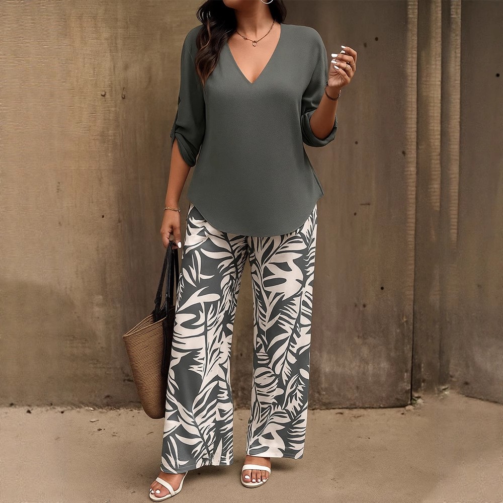 2 Piece Women’s Wide Leg Paints & Shirt Short Sleeve V Neck Summer Set