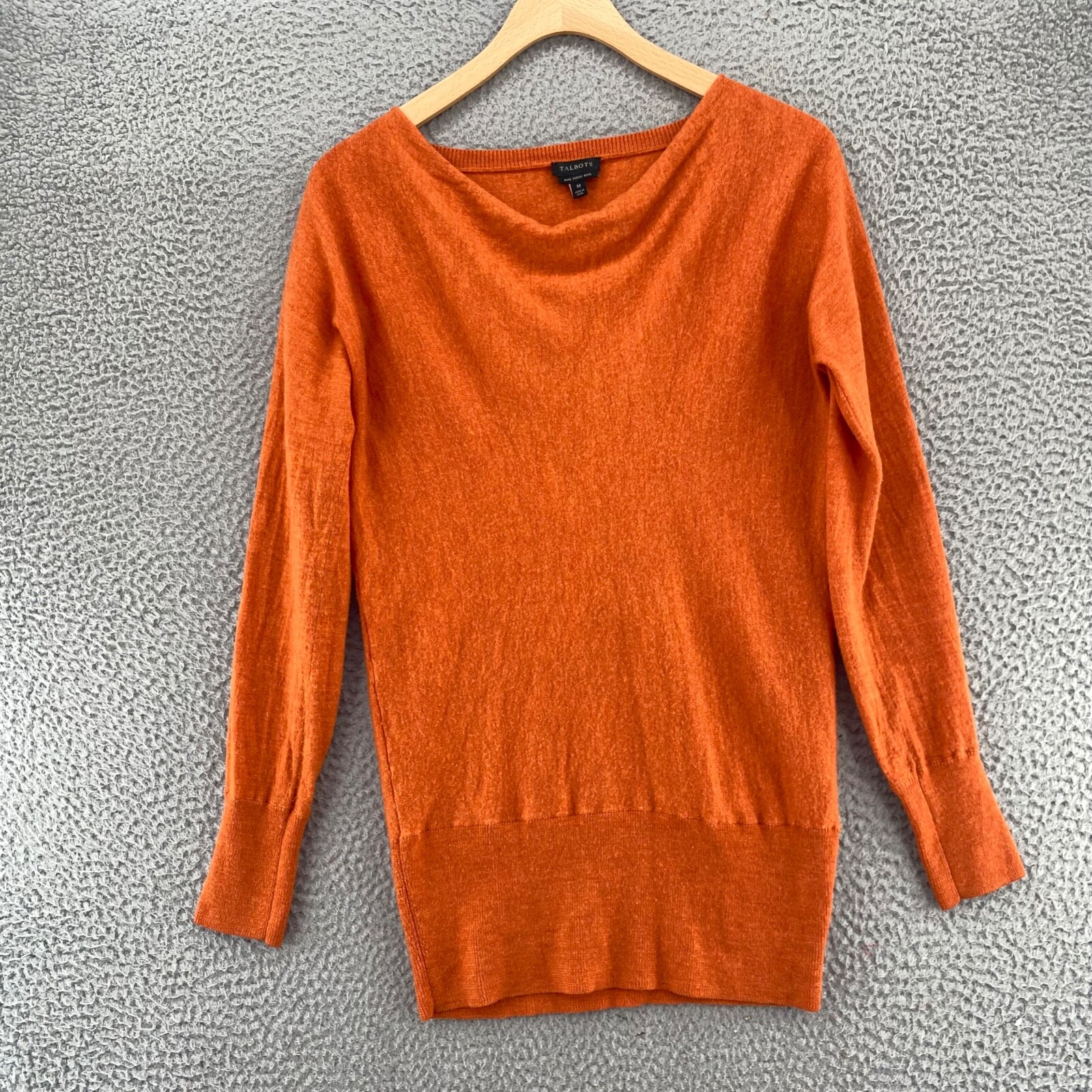 Talbots Sweater Women Medium Orange Pure Merino Wool Knit Tunic Cowl Pullover