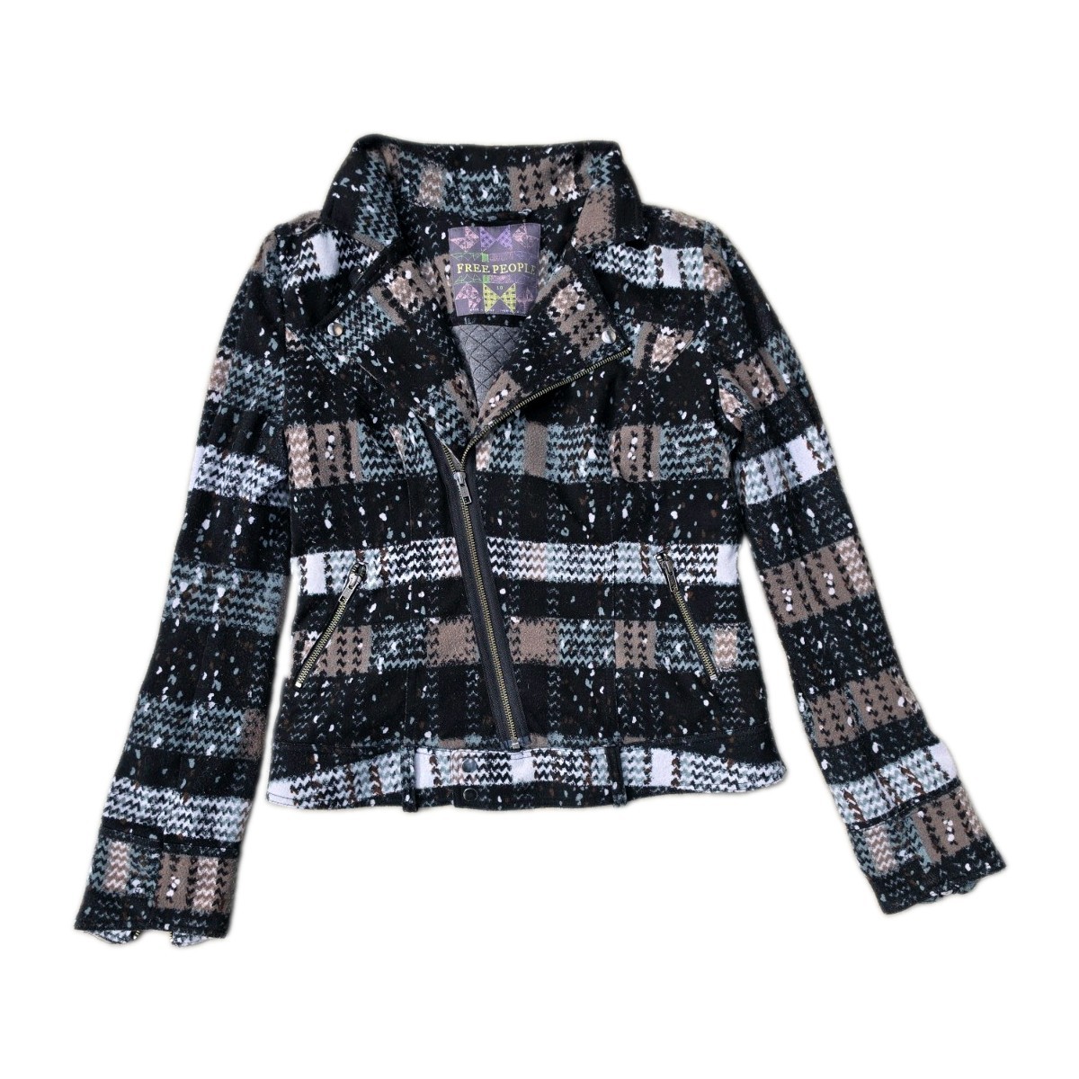 Free People Plaid Splatter Moto Jacket Zip Front Pockets Short Long Sleeve 10