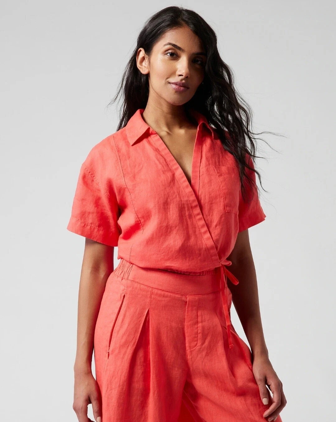 Athleta Playa Linen Short Sleeve Wrap Tie Top-Coral-XXS-NWOT