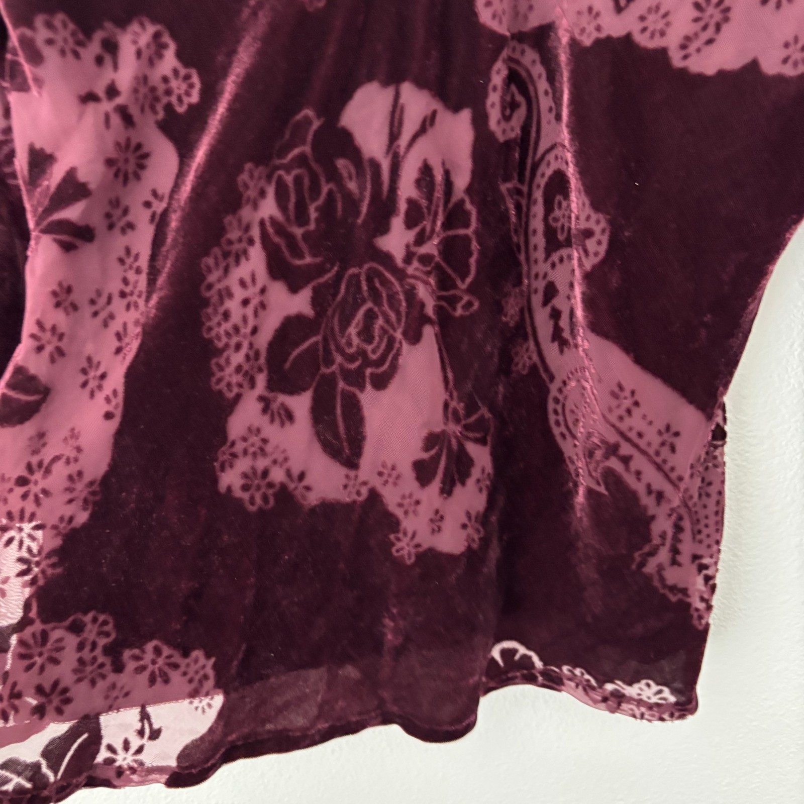 Vintage Fashion Bug Top XL Burgundy Floral Velvet Burnout Whimsigoth Fairy Y2K