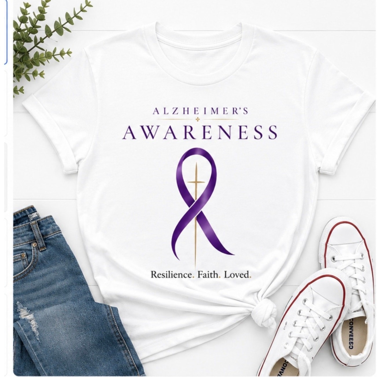 Alzheimer’s Awareness T-Shirt Resilience Faith Loved Purple Ribbon Unisex