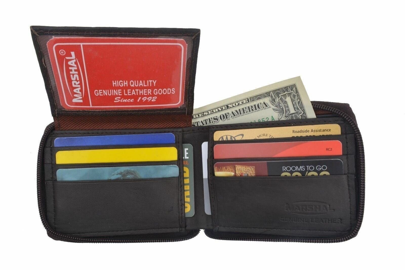Genuine Leather Men’s Zipper Zip-Around Organizer Bifold Wallet Black Brown Tan!