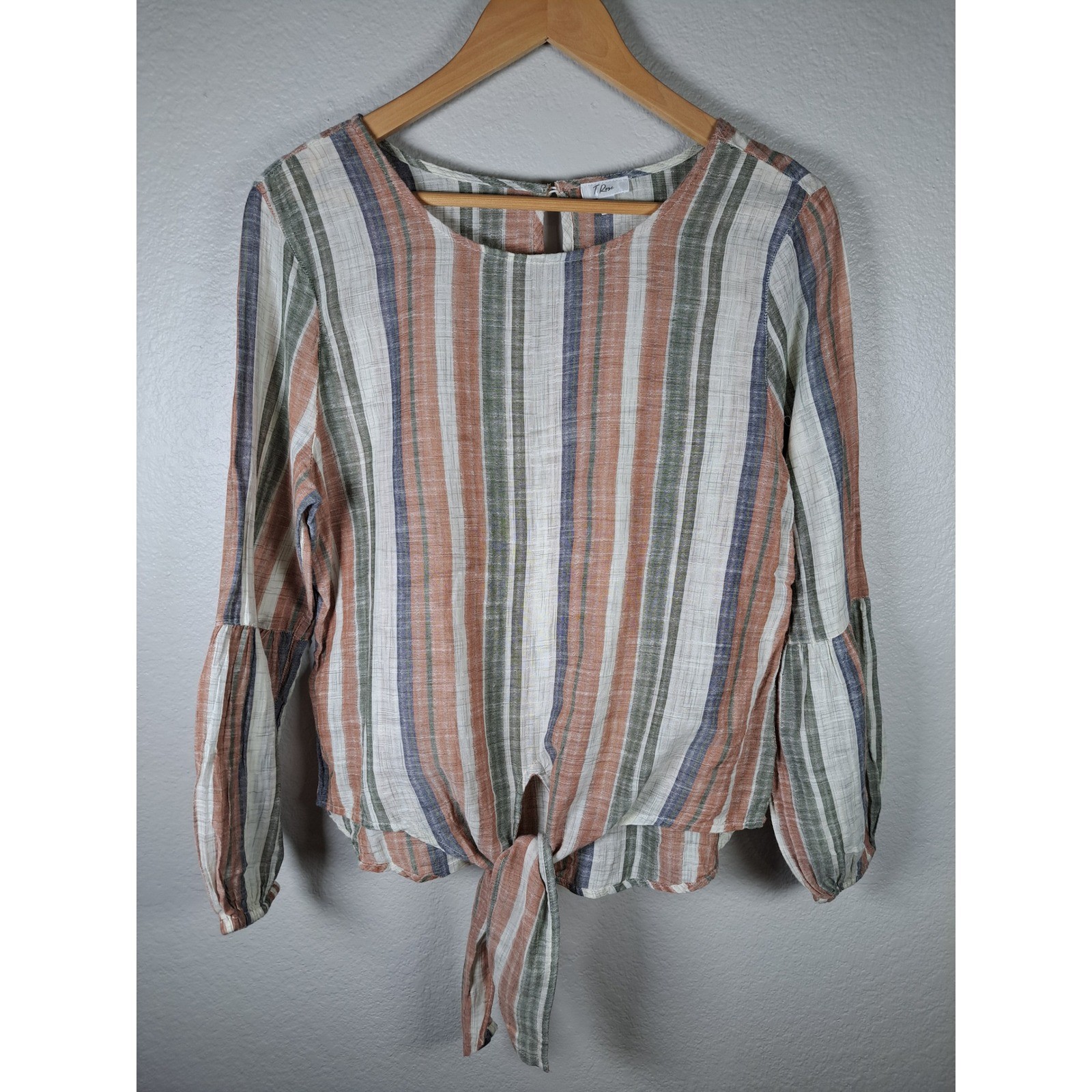 T. Rose Striped Tie Front Blouse Earthy Boho Long Sleeve Top Medium