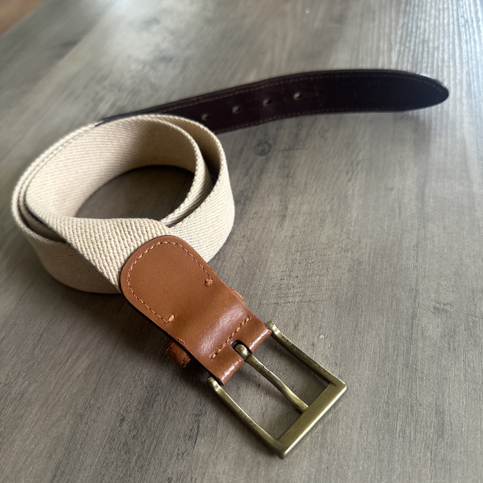 Vintage Brooks Brothers Vanilla Cream Stretch Web Brown Leather Trim Belt 38