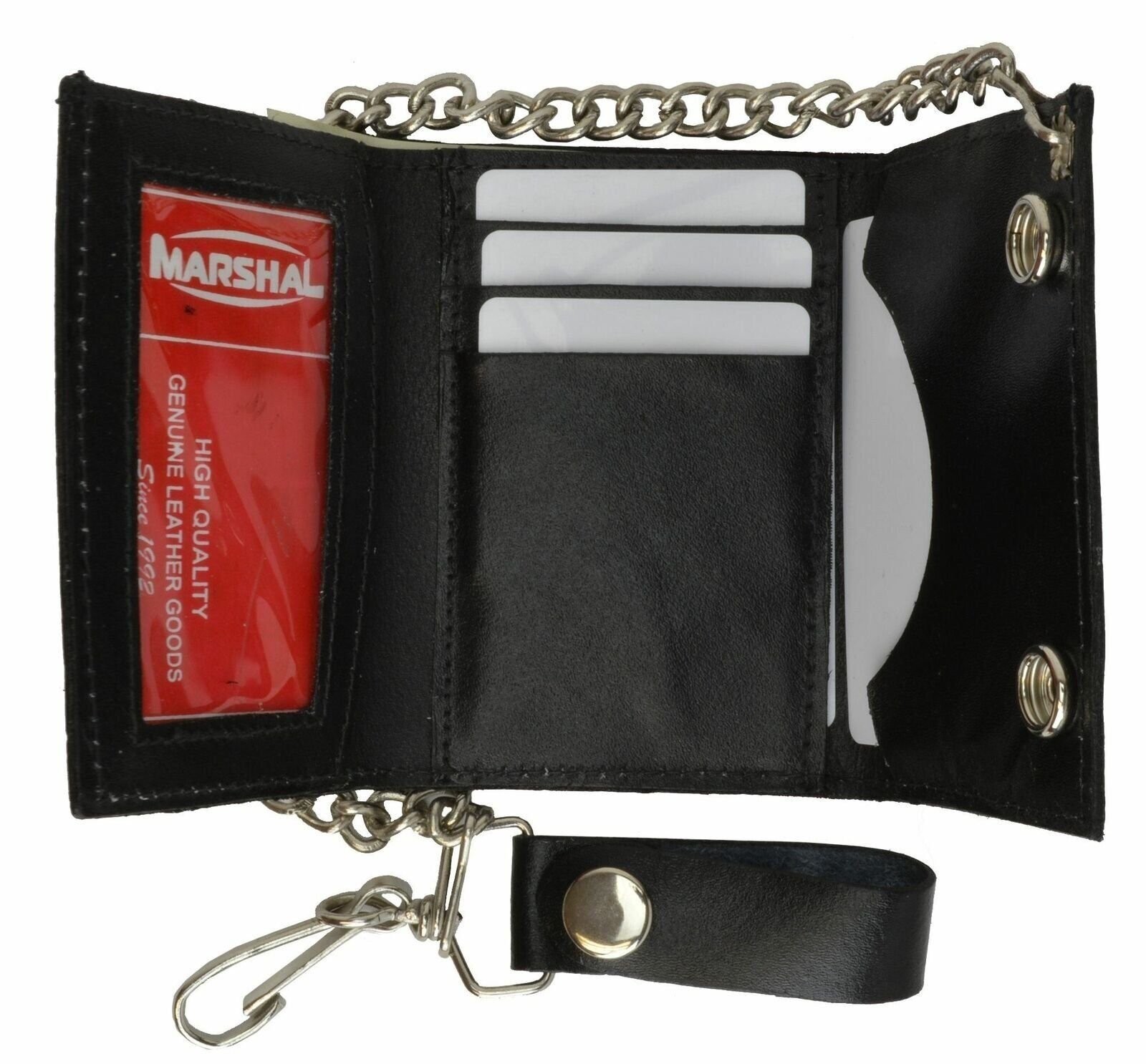 Marshal Genuine Leather Men’s Trifold Wallet with Chain Biker Trucker Black