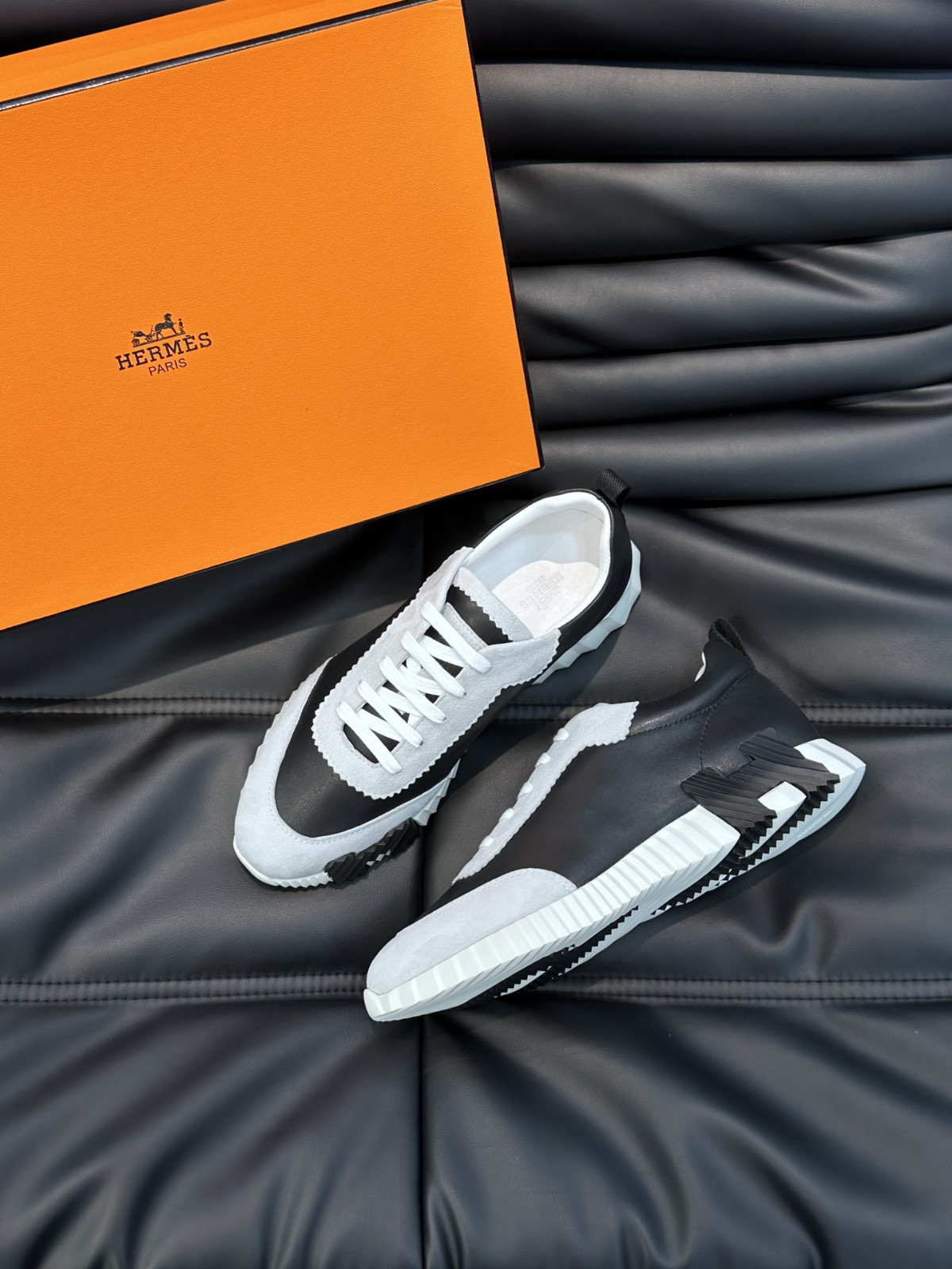 Hermes Bouncing Black Grey Suede Leather Color Block Men’s Low Top Sneakers