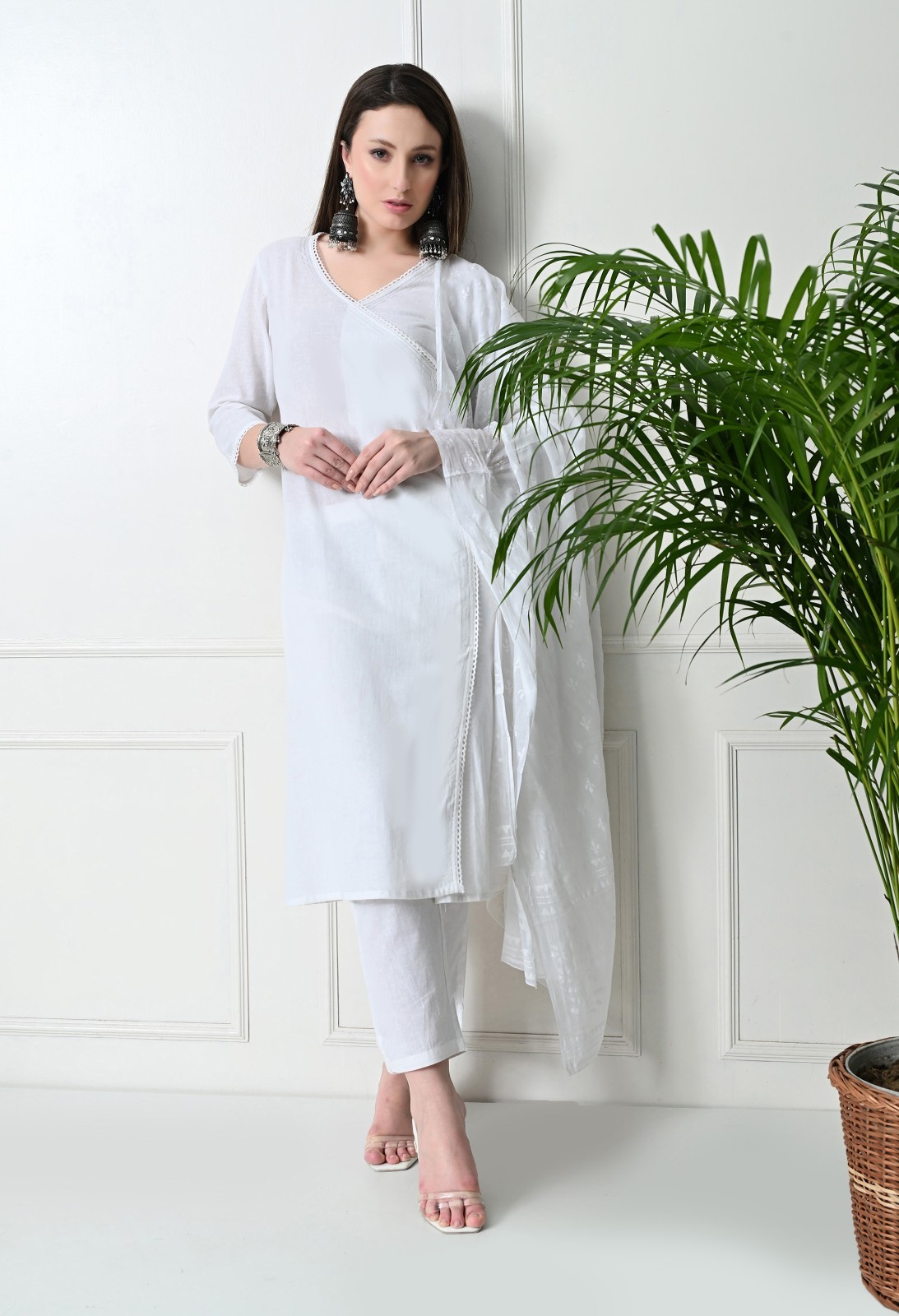 White Cotton Kurta Set with Dupatta for Women, Straight Fit Tunic & Pants, Light