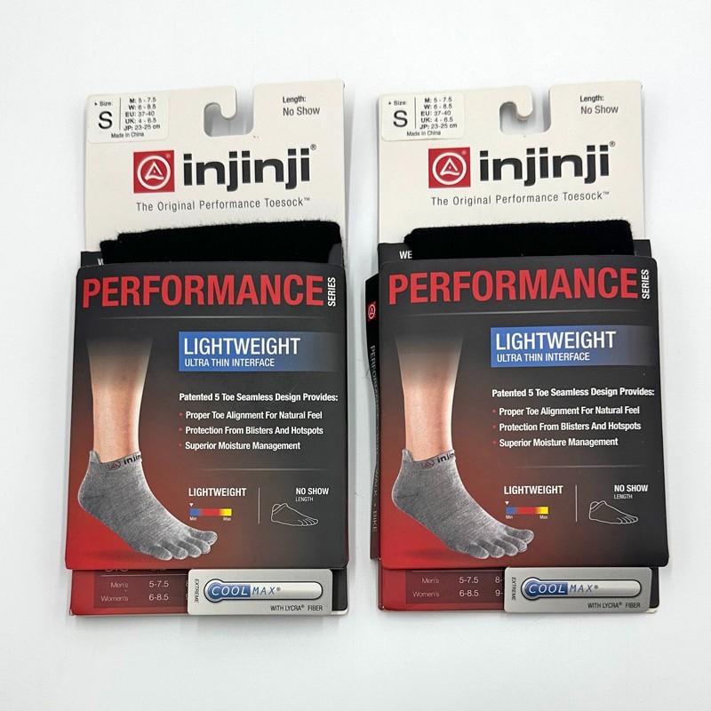 2 pack Women’s Lightweight Athletic No Show Socks 5 Toe Black Size S injinji