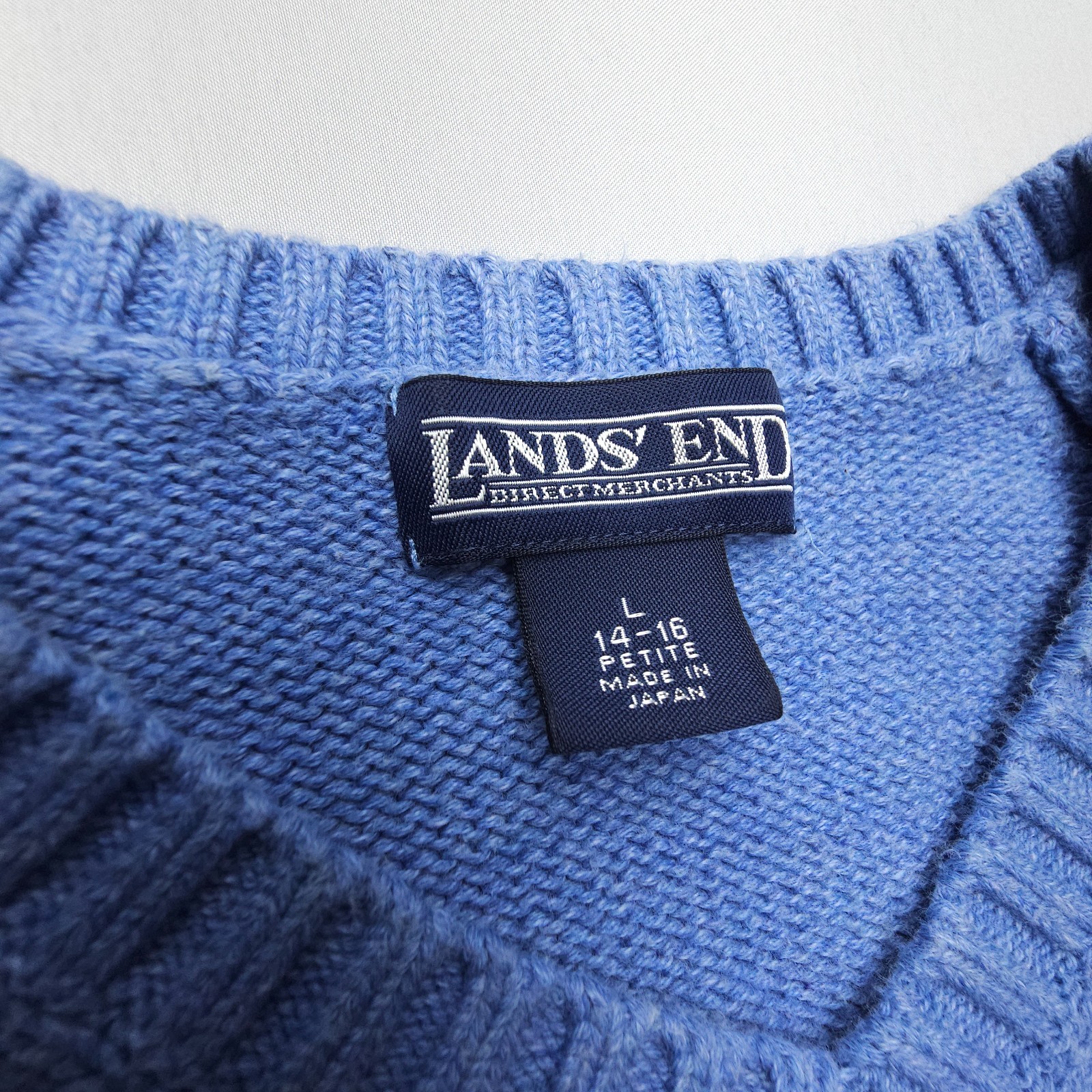 Lands End V Neck Sweater Womens Large Blue 100% Cotton Made in Japan Vtg Y2K