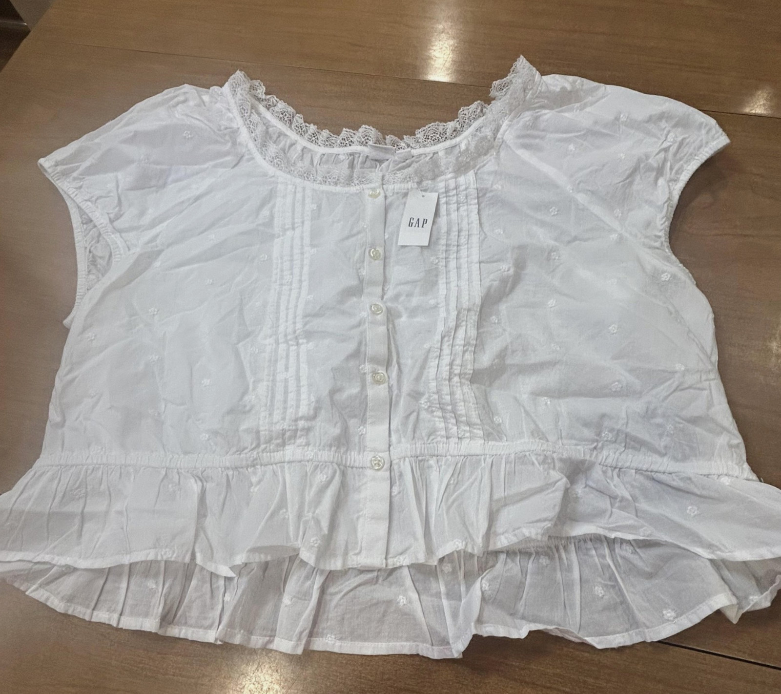 Gap Blouse Womens XXL White Embroidered Lace Ruffle Hem Button Top Boho Peplum