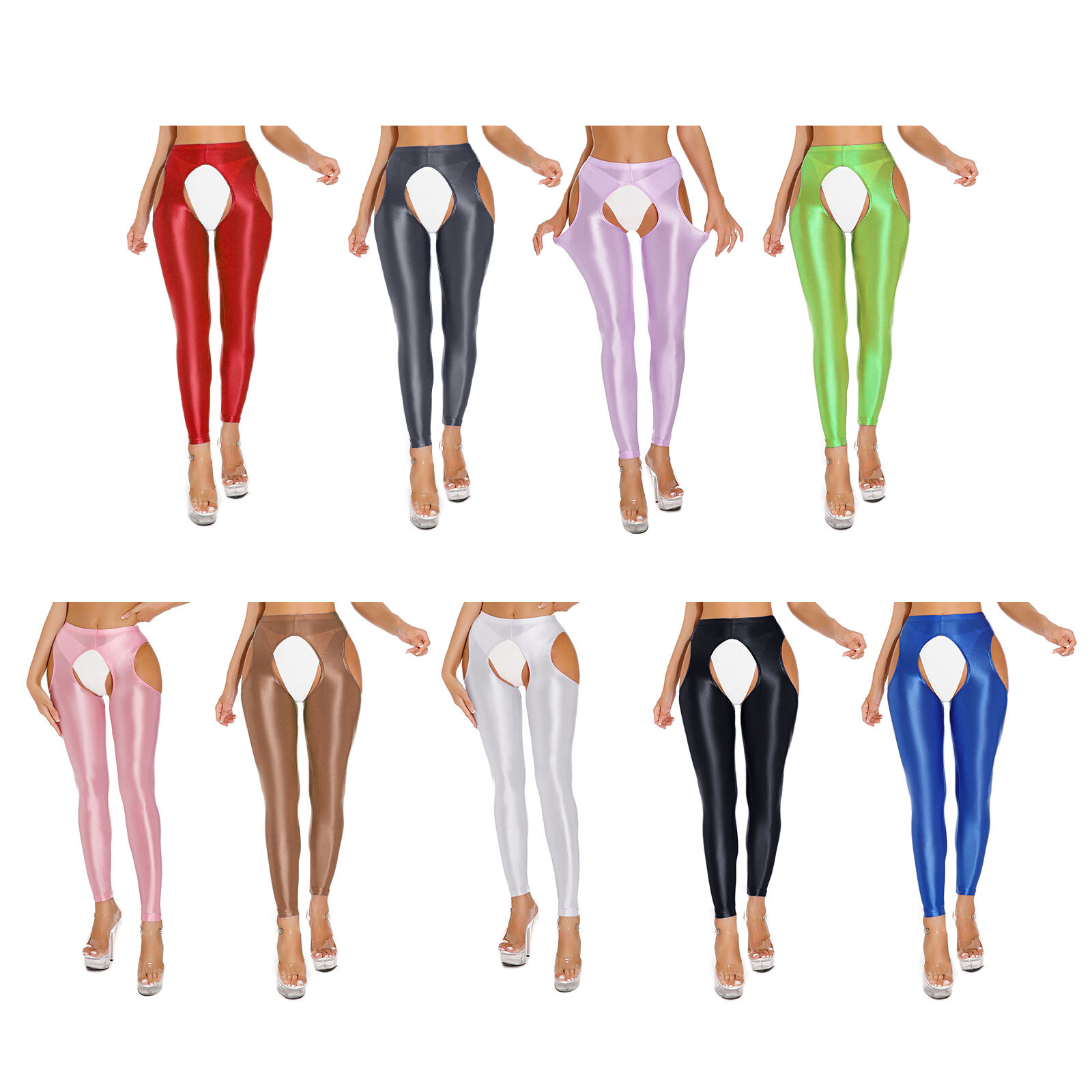 US Womens Glossy High Waist Cut Out Leggings Solid Color Skinny Yoga Pants