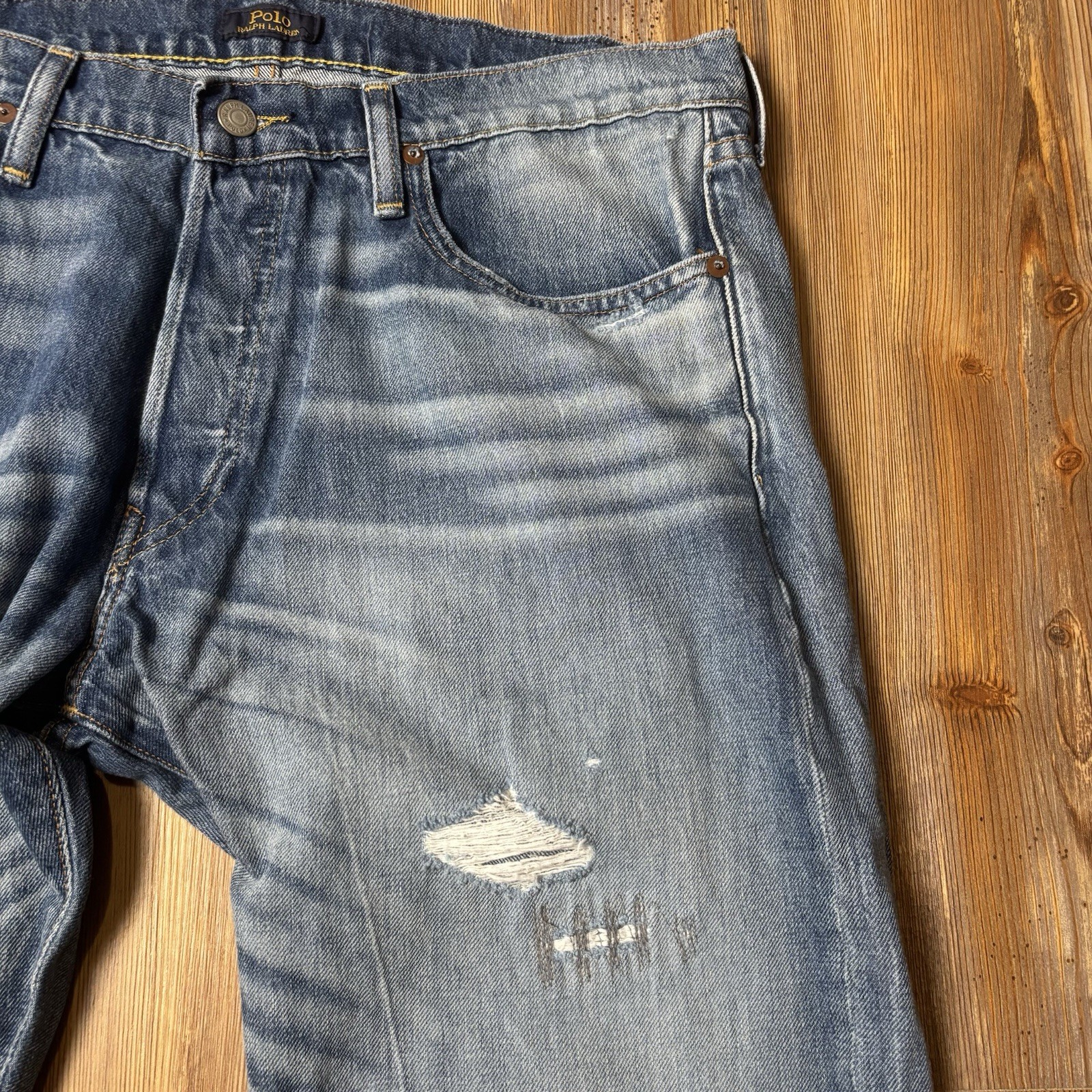 Polo Ralph Lauren Men’s The Sullivan Slim Patchwork Distress Blue Jeans 34×34