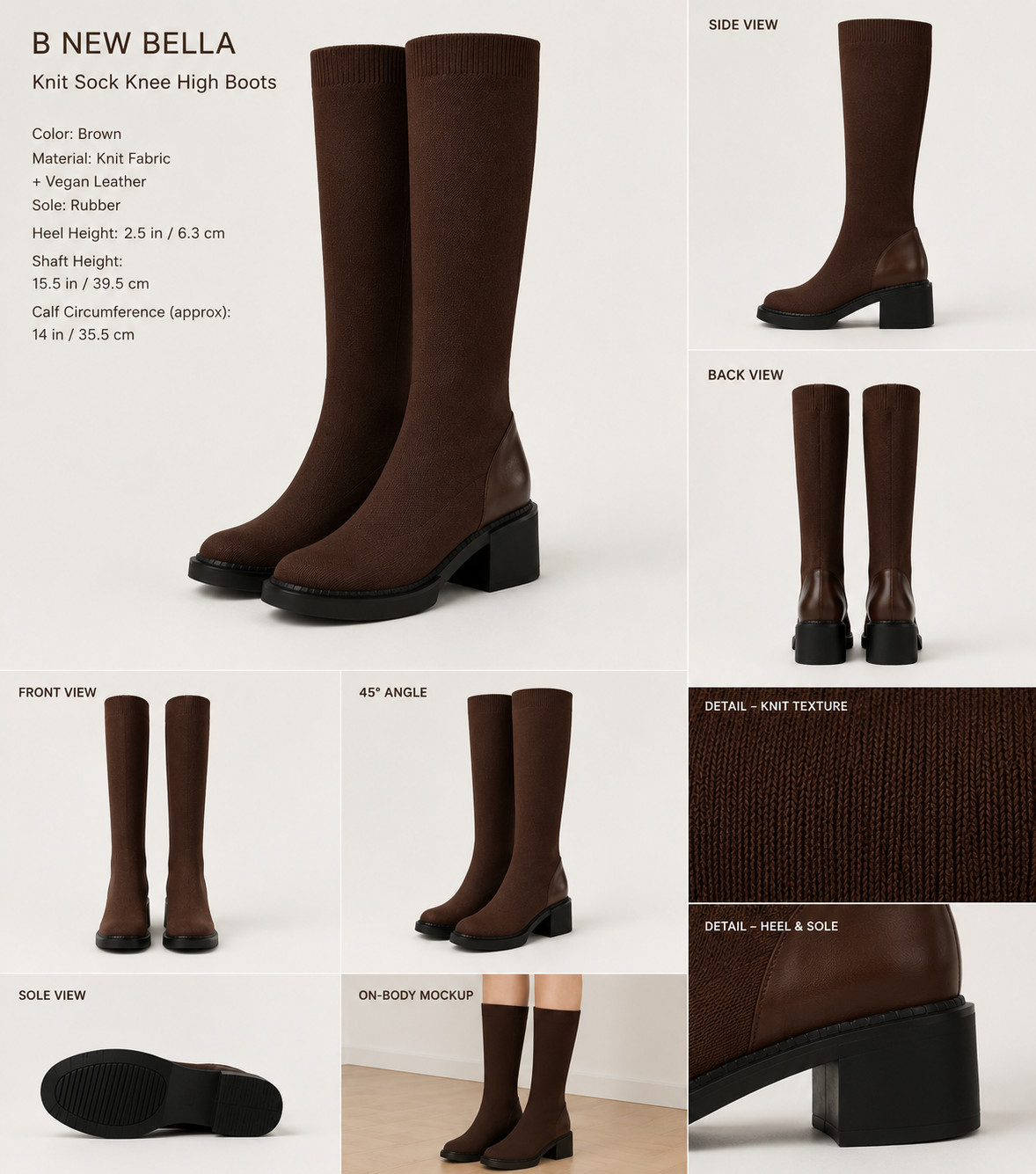 NewBella Women’s Brown Knee High Knit Sock Boots Size 41 US 10 Chunky Heel NIB