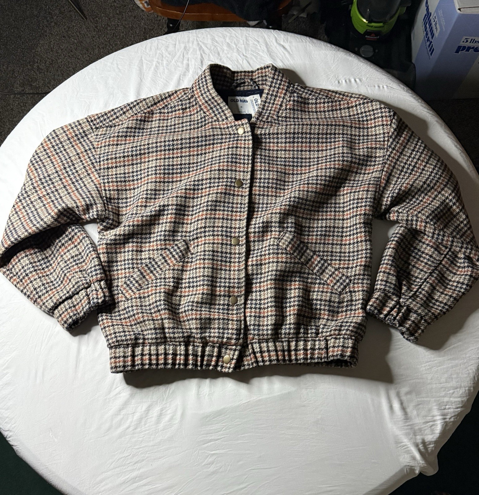 Old Navy Women’s M Houndstooth Bomber Jacket Button Front Lined Midweight