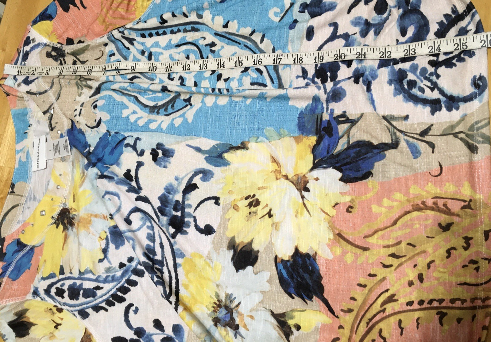 Alfred Dunner L Side Pull Tie Patchwork Print Decorative Neckline 3/4 Sleeve Top