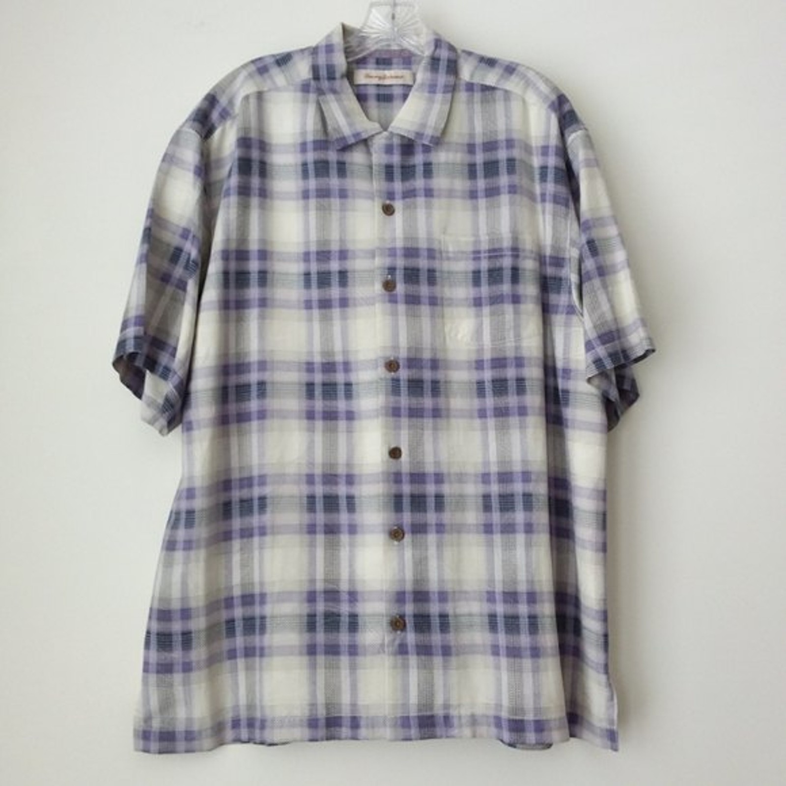 100% Silk Tommy Bahama Plaid Short Sleeve Shirt L