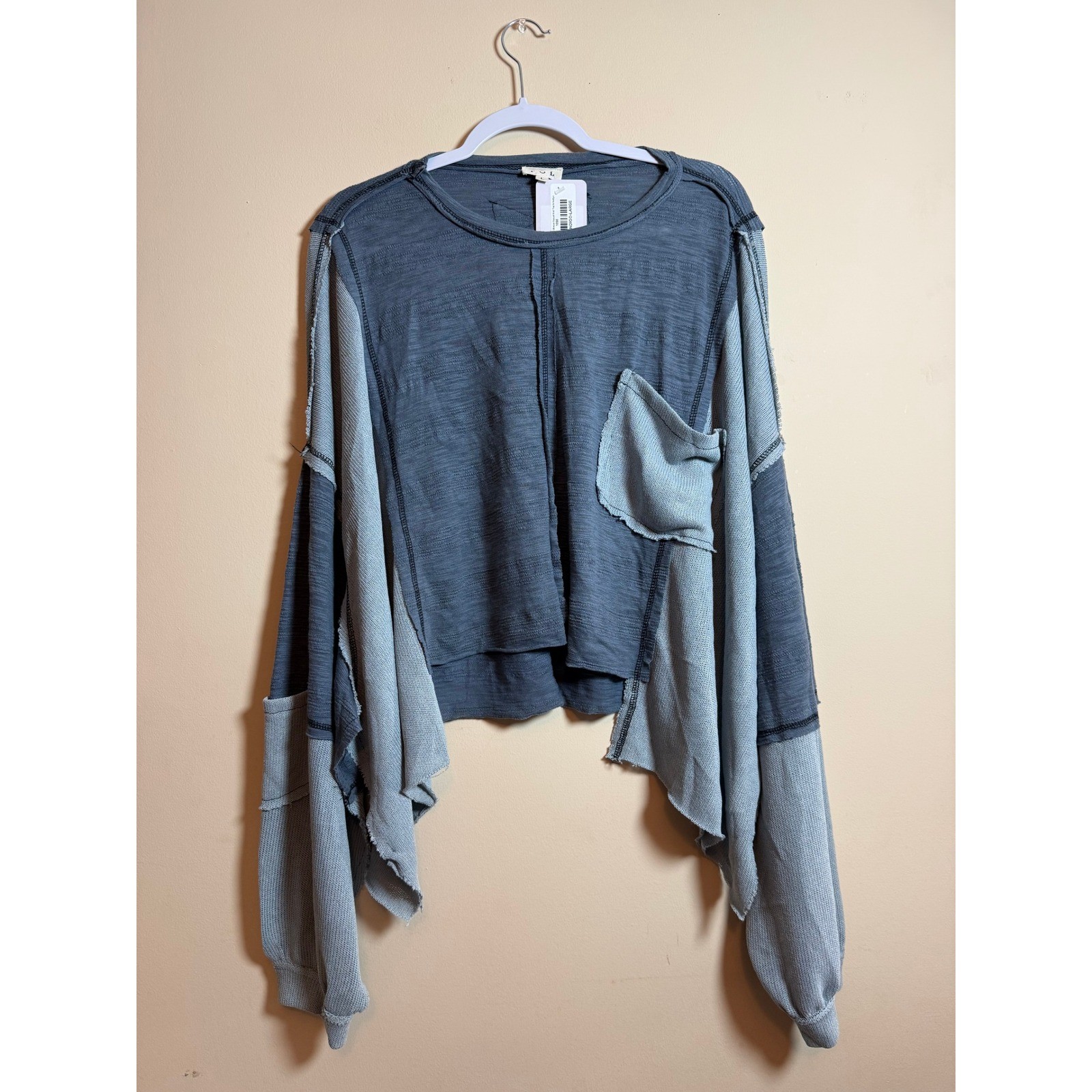 POL Oversized Balloon Sleeve Raw Edge Knit Top Indigo Patchwork Large Boho NEW
