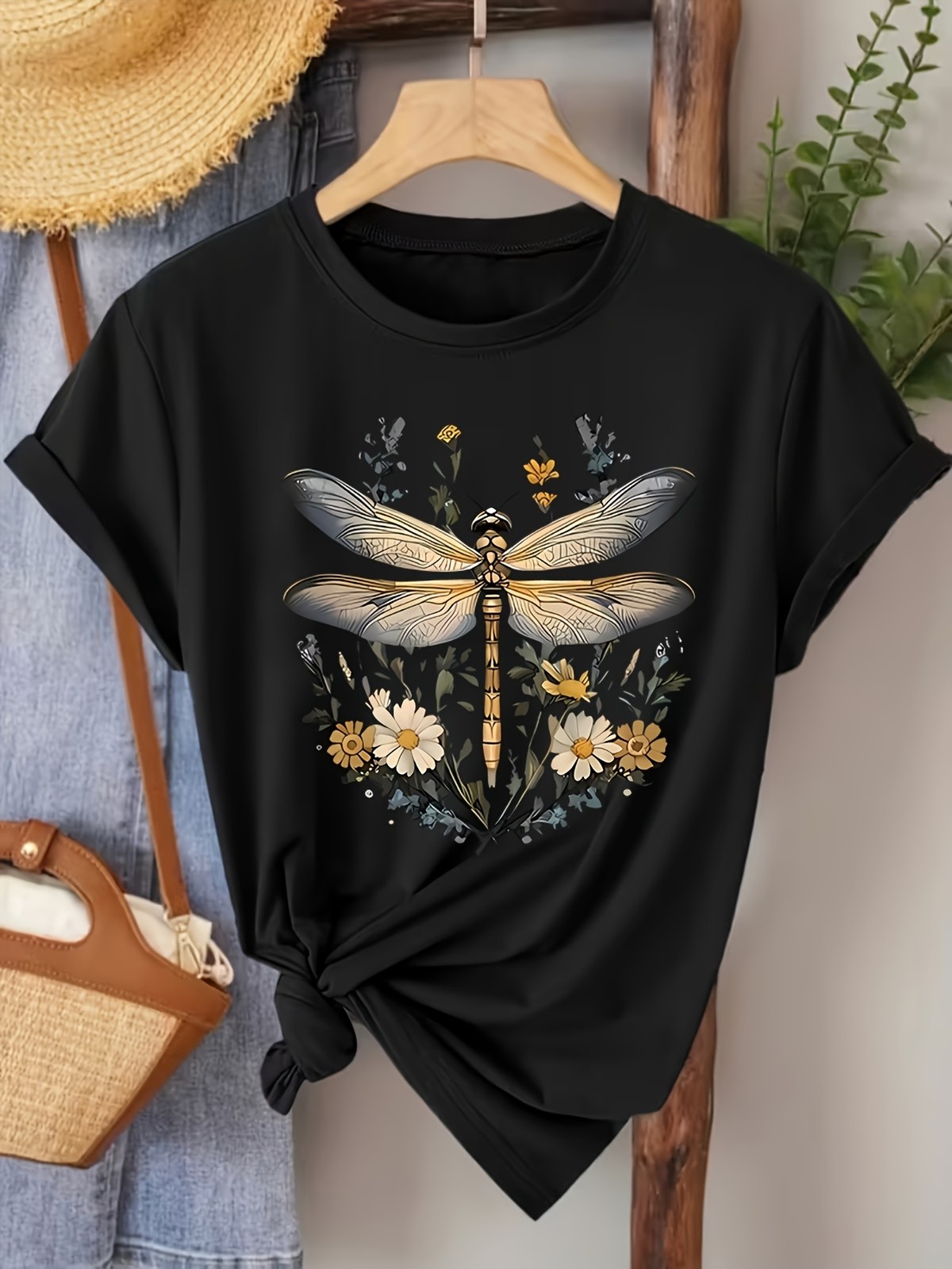 Dragonfly & Wildflower Nature Graphic T-Shirt – Botanical Black Tee