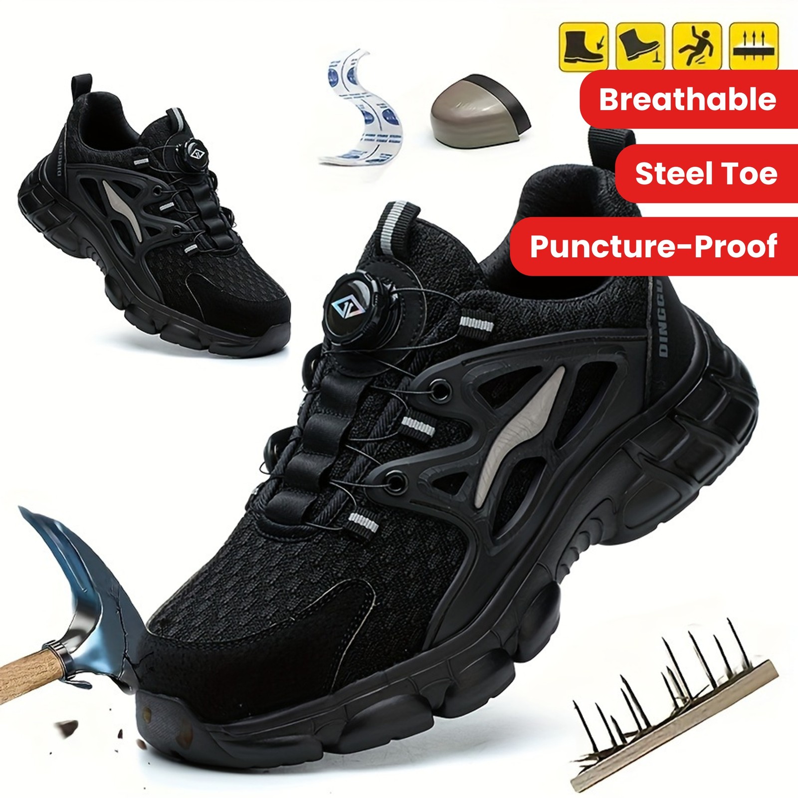 Men Safety Toe Work Shoes Rotating Buckle Breathable Non-Slip Steel Toe Sneakers