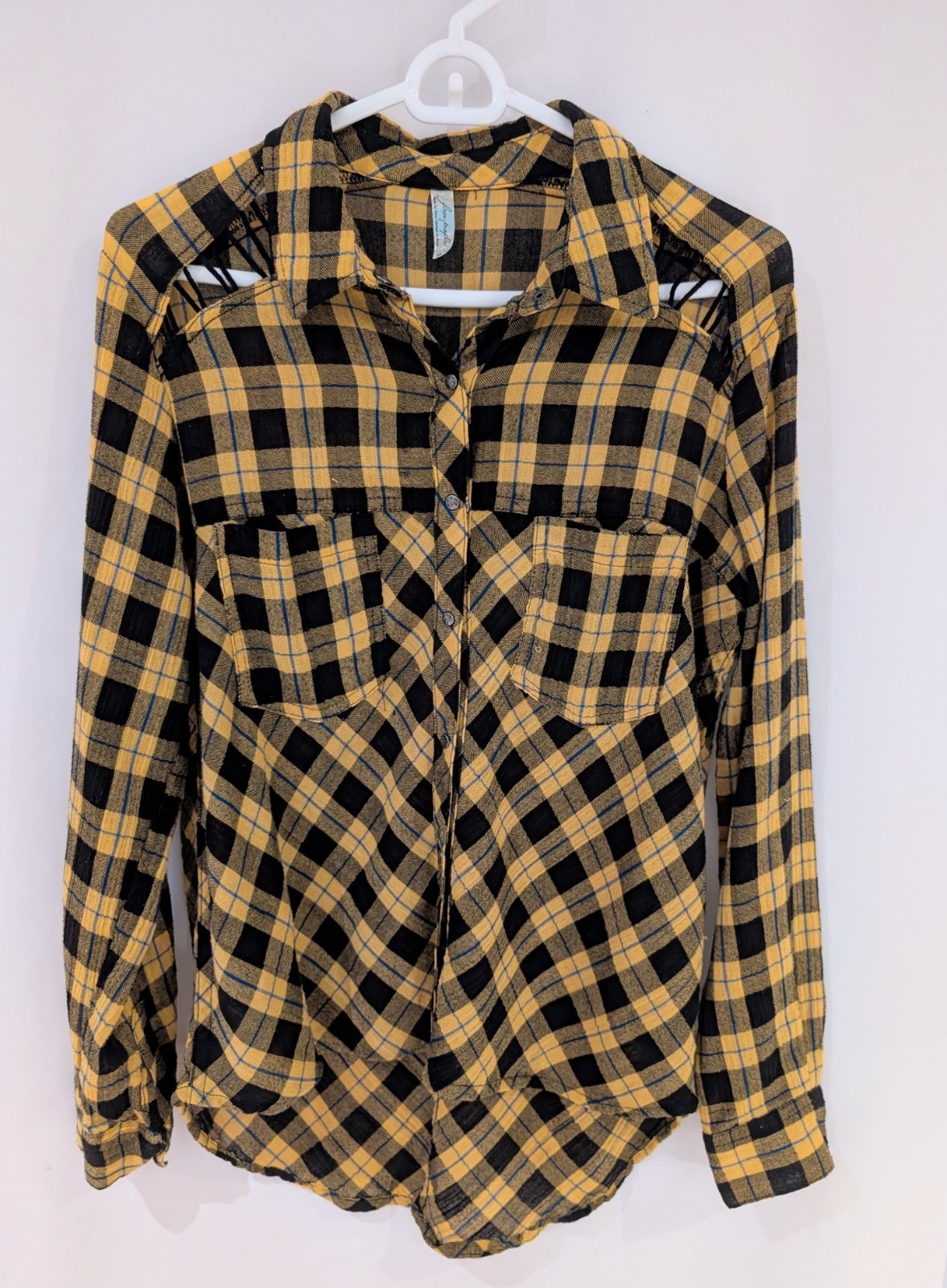 Free People Top Womens Size XS Yellow Plaid Button Up Cut Out Long Sleeve Casual
