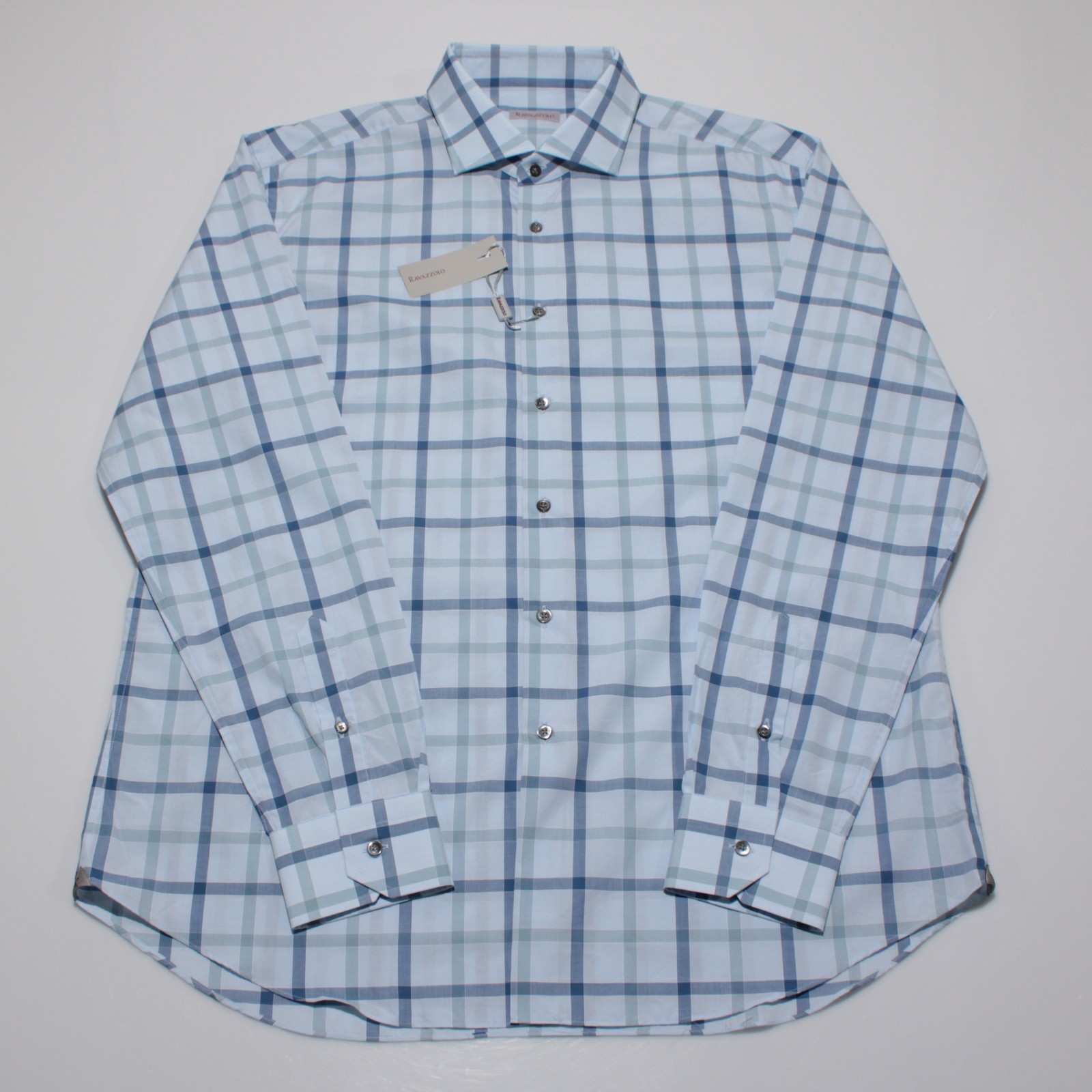 Ravazzolo NWT Dress Shirt Size 44 17.5 in Shades of Blue Plaid 100% Cotton